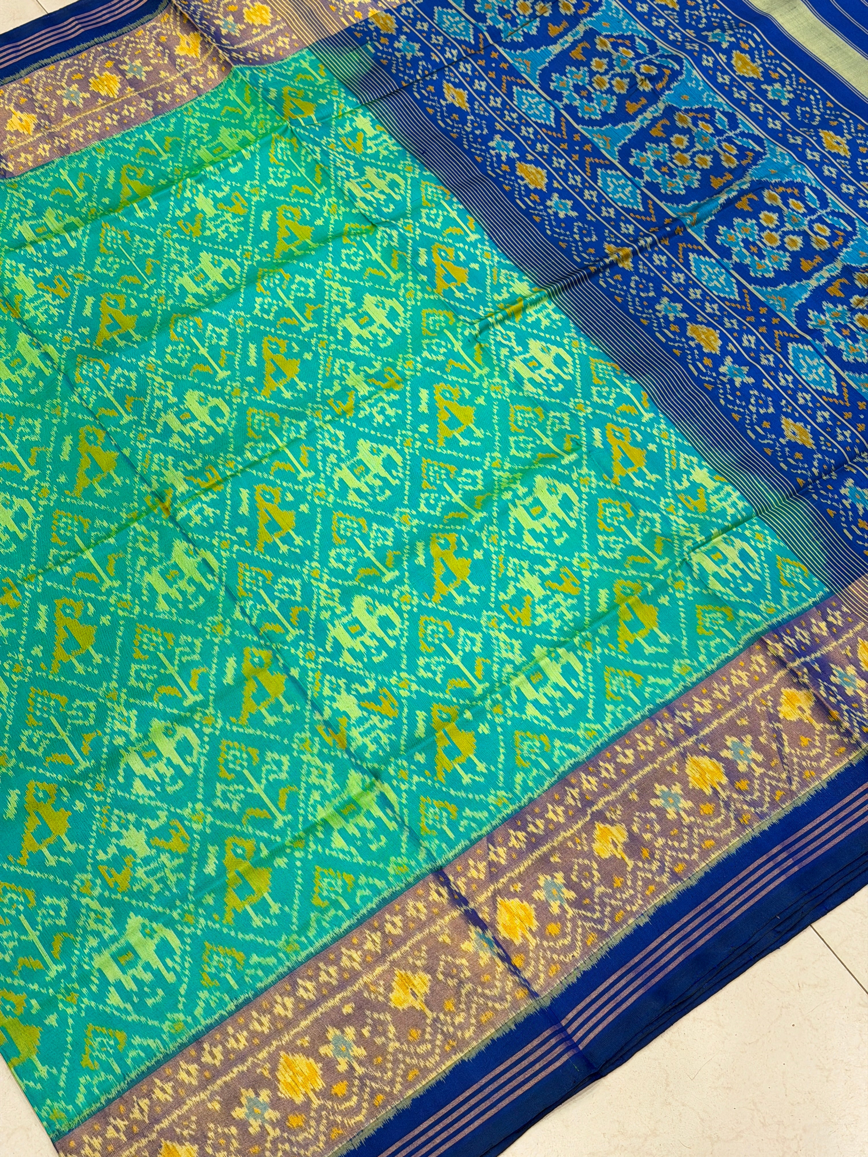 Rama Green with Blue Handloom Rajot Ikat Patola Silk Saree