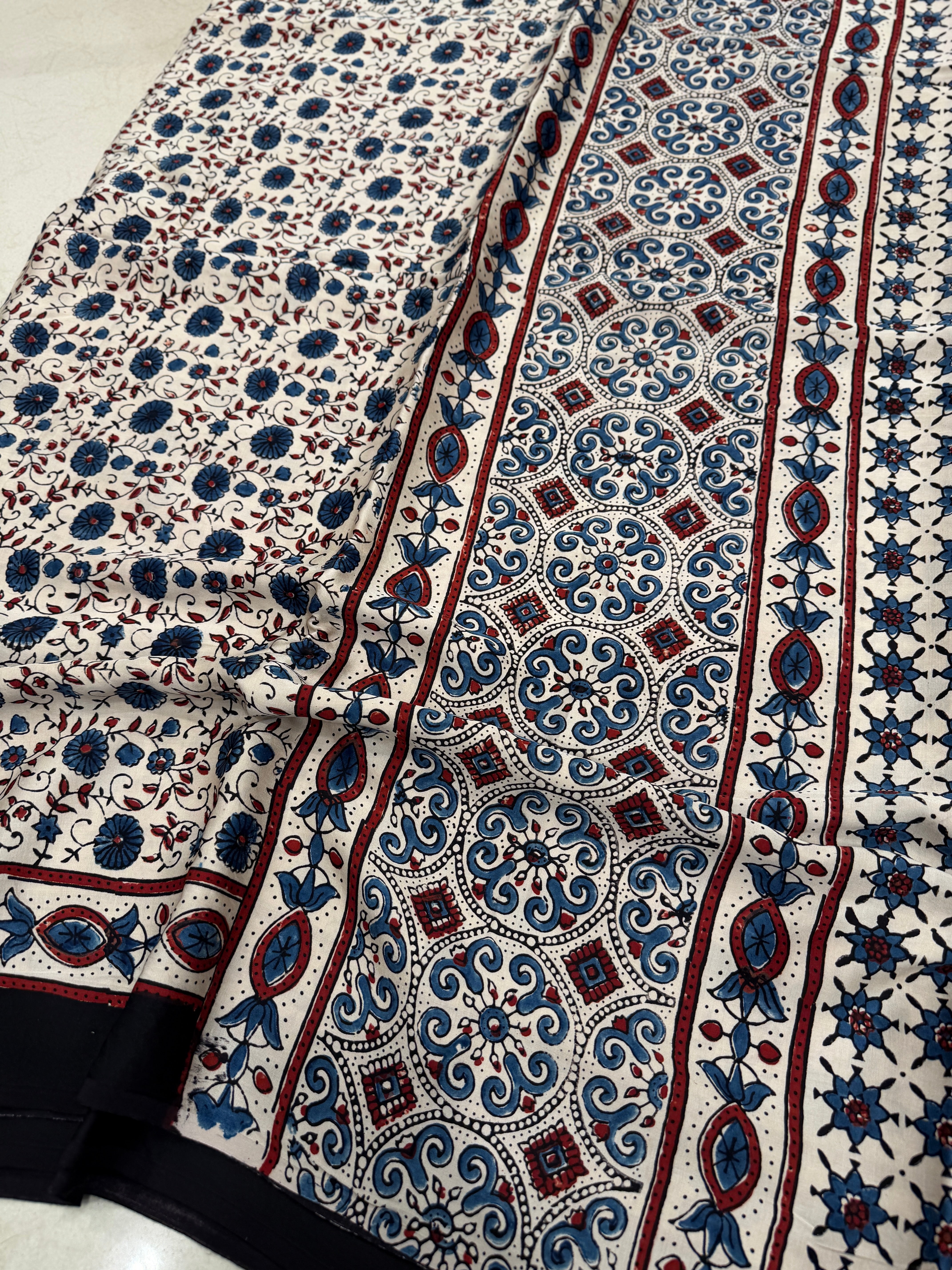 White Blue Flower Jaal Ajrakh Hand Block Print Pure Modal Silk Saree