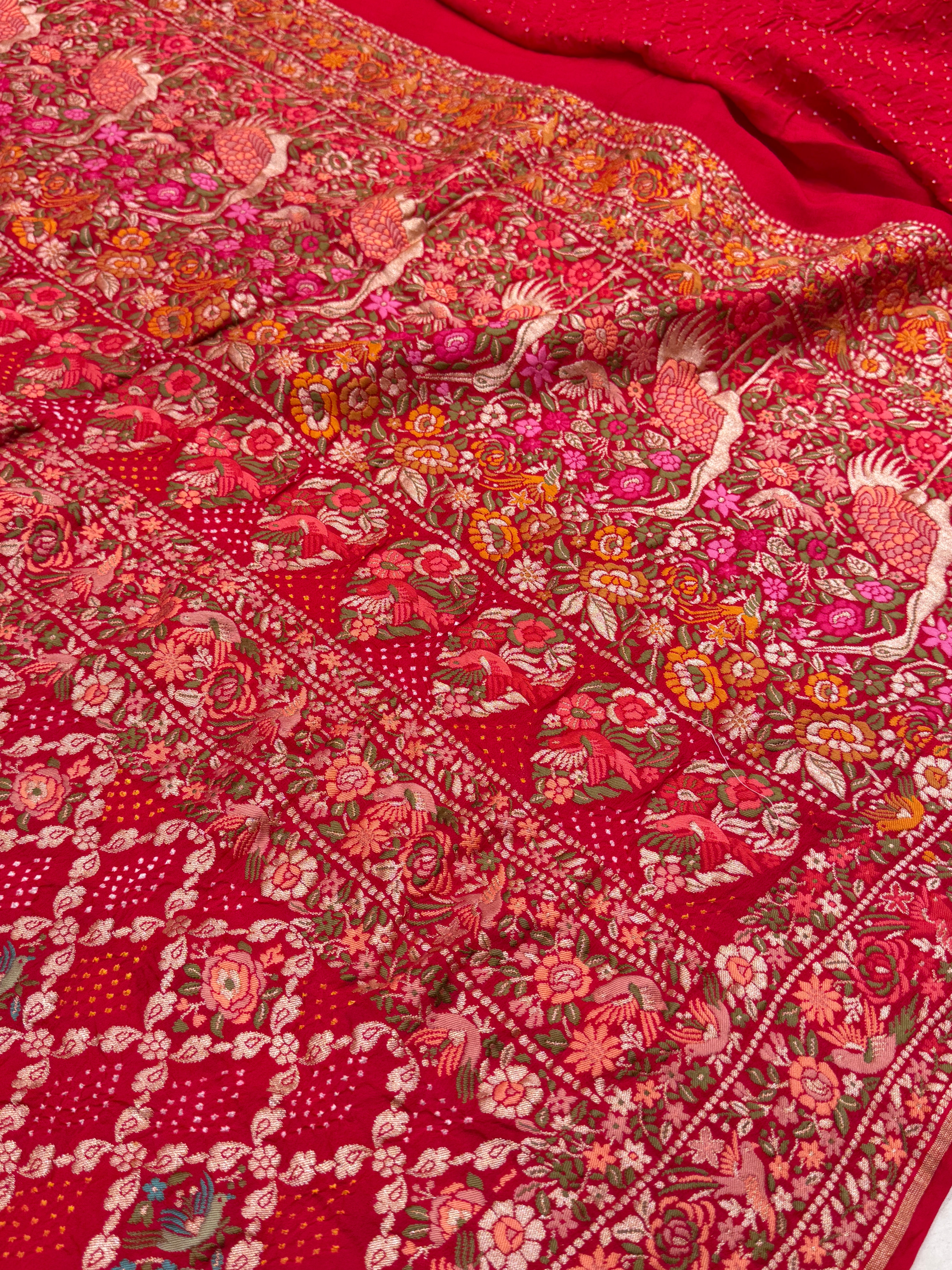 Red Parsi Gara Weaved Rani Bandhej Saree