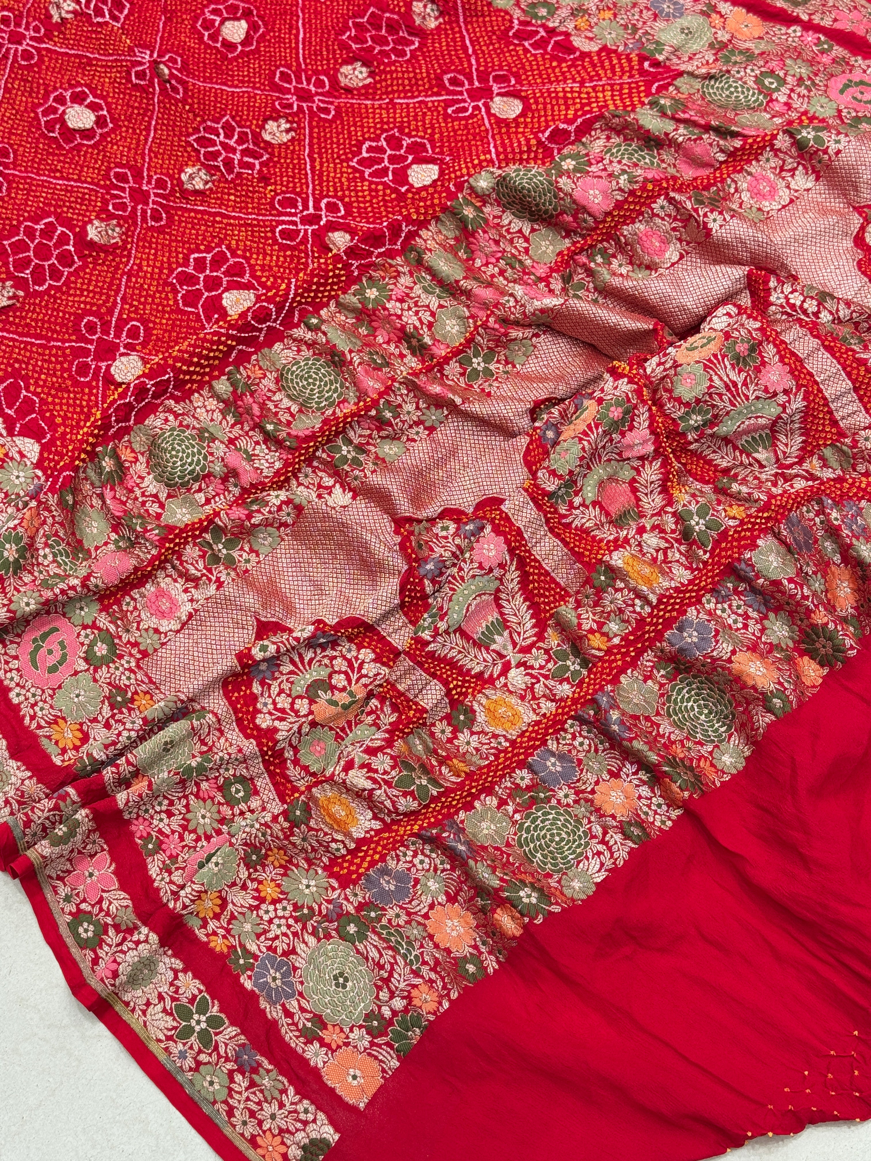 Red Meenakari Handloom Bandhej Bandhini Saree