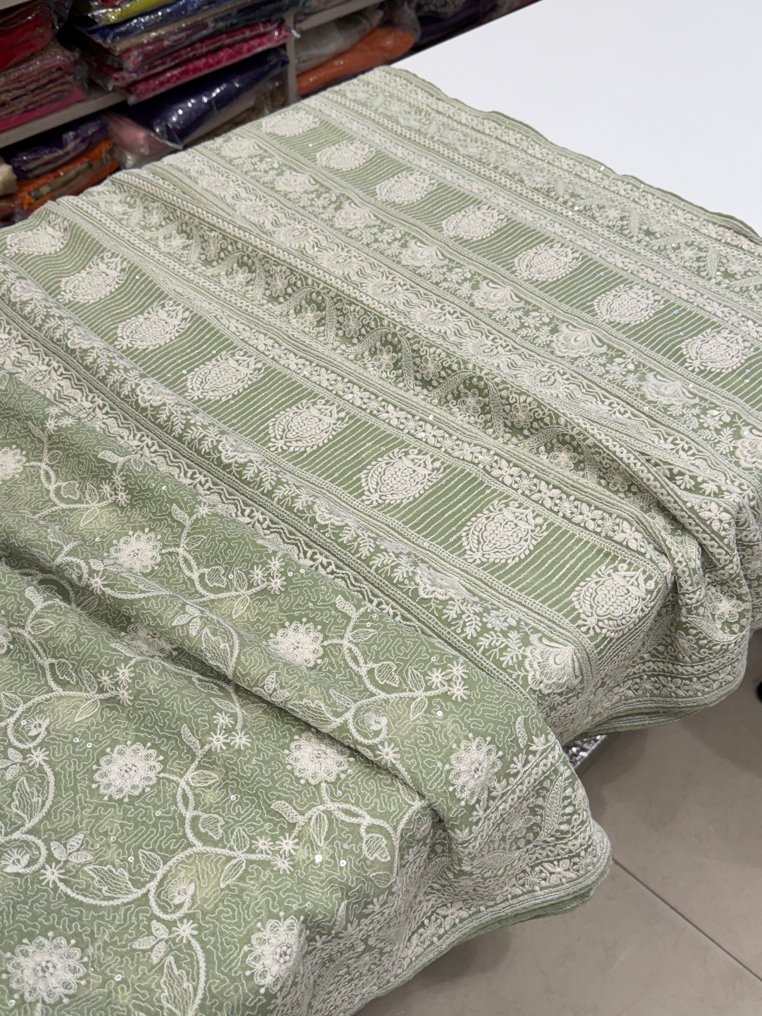 Pista Green Georgette Chikankari Line Jaal Resham Embroidery Saree