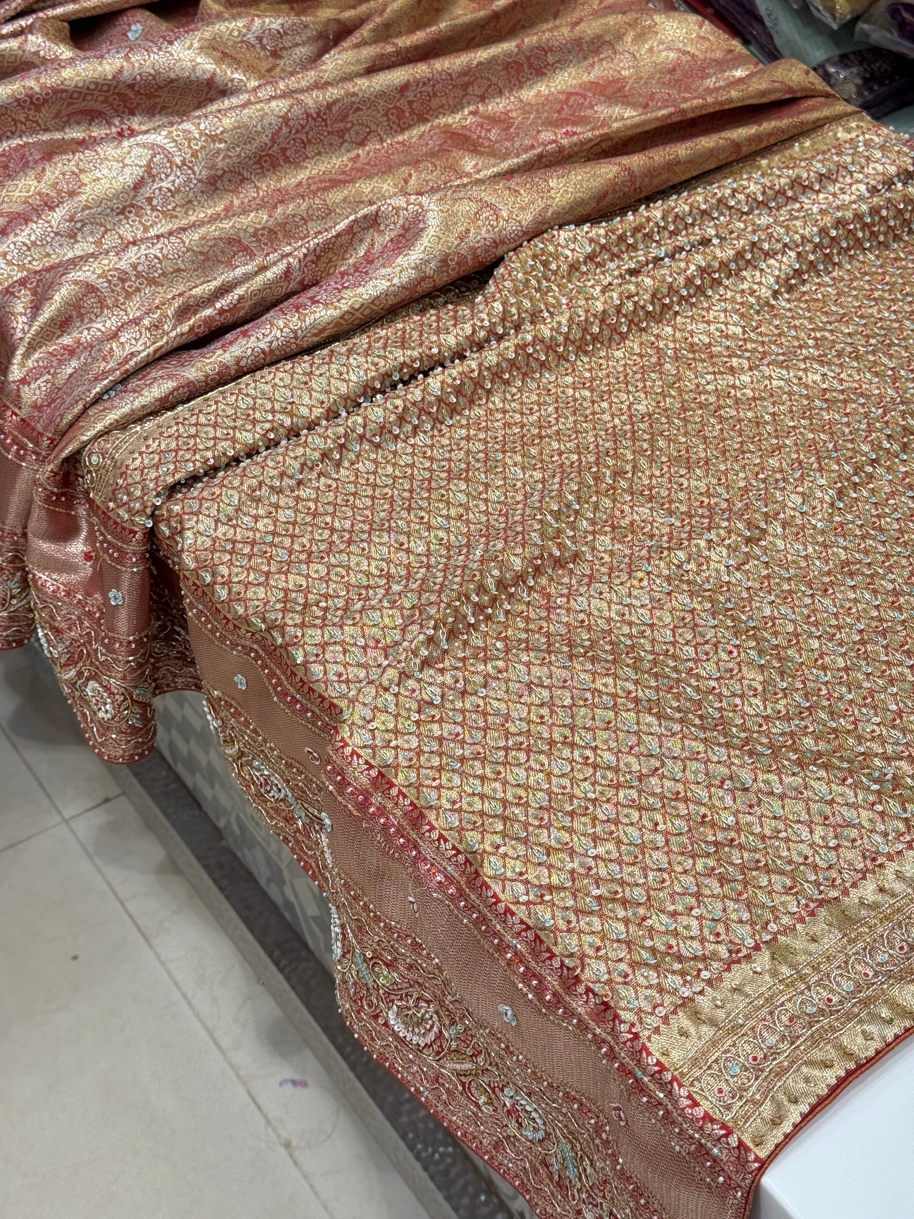 Golden Red Tissue Kanjivaram Hand Embroidery Saree
