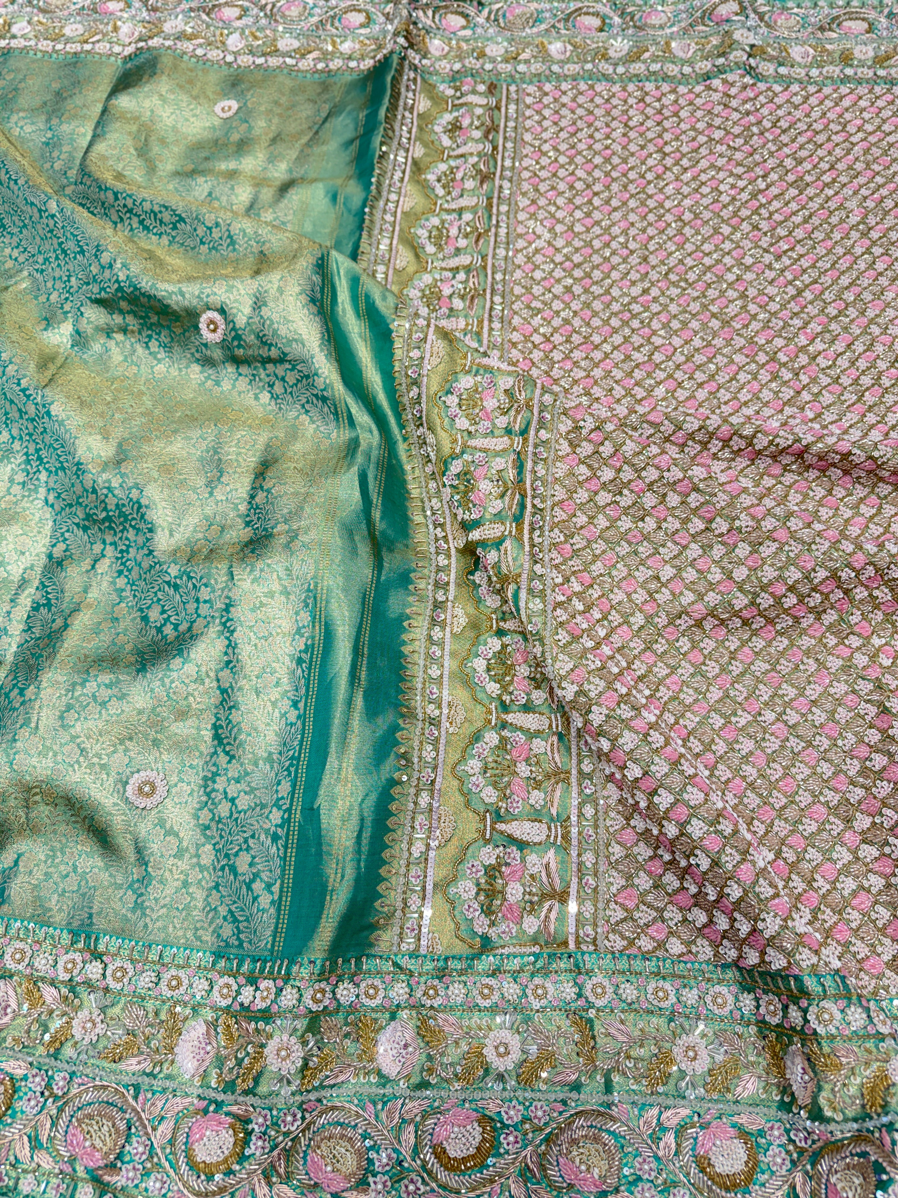 Pista Green Floral Tissue Kanjivaram Hand Embroidery Saree