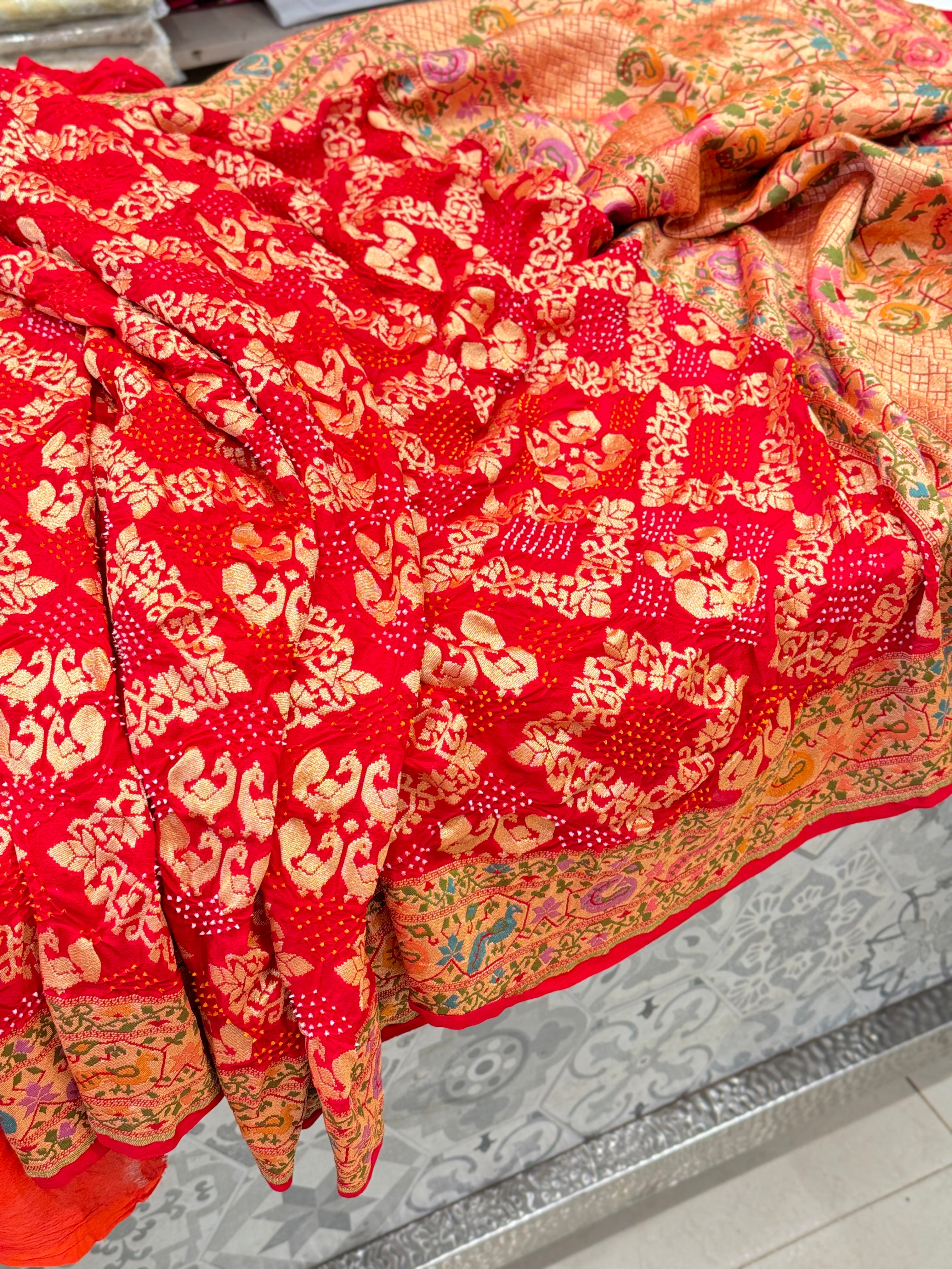 Red Luxury Bandhej Meenakari Saree