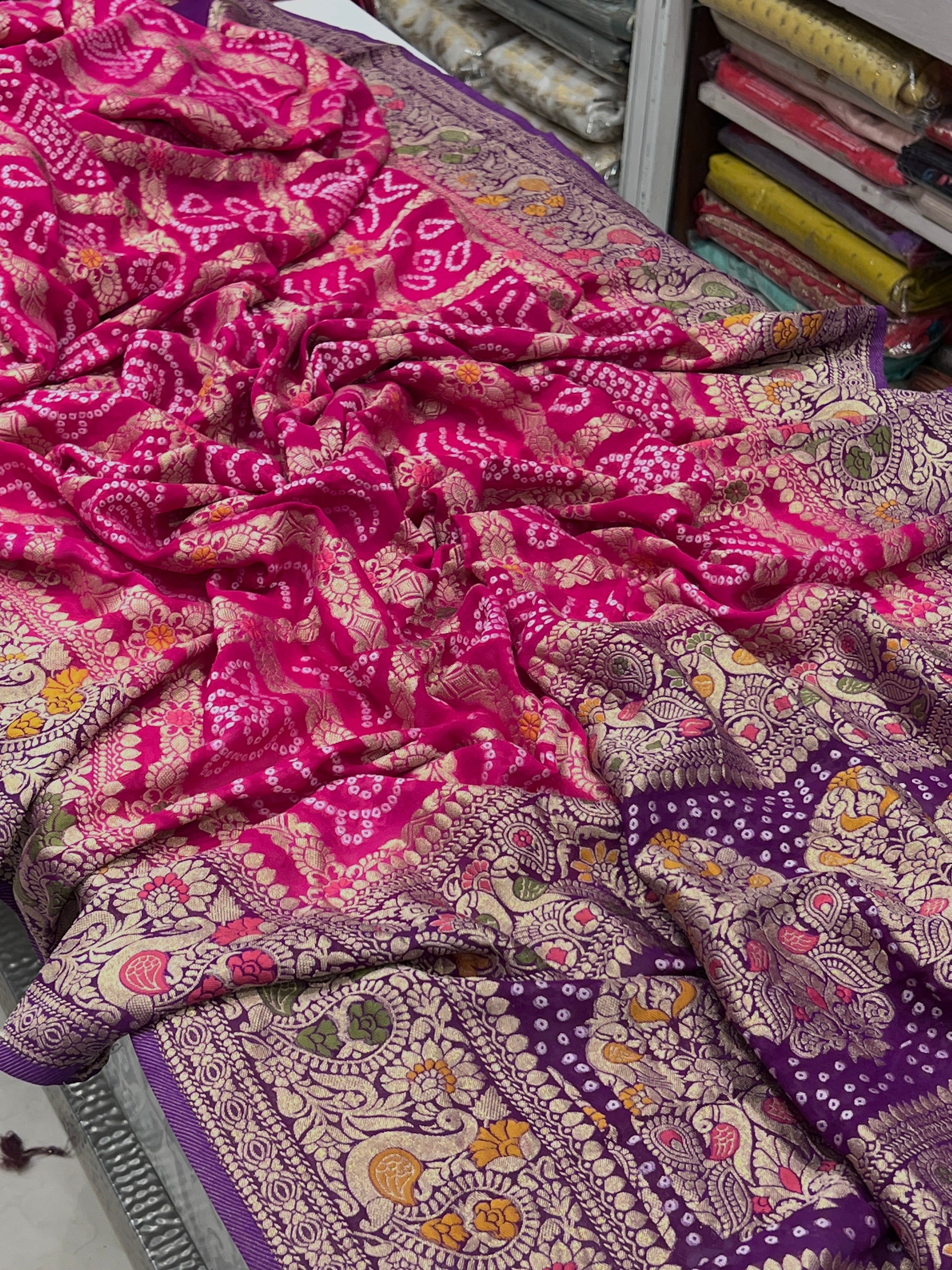 Pink Purple Woven Bandhej Gharchola saree