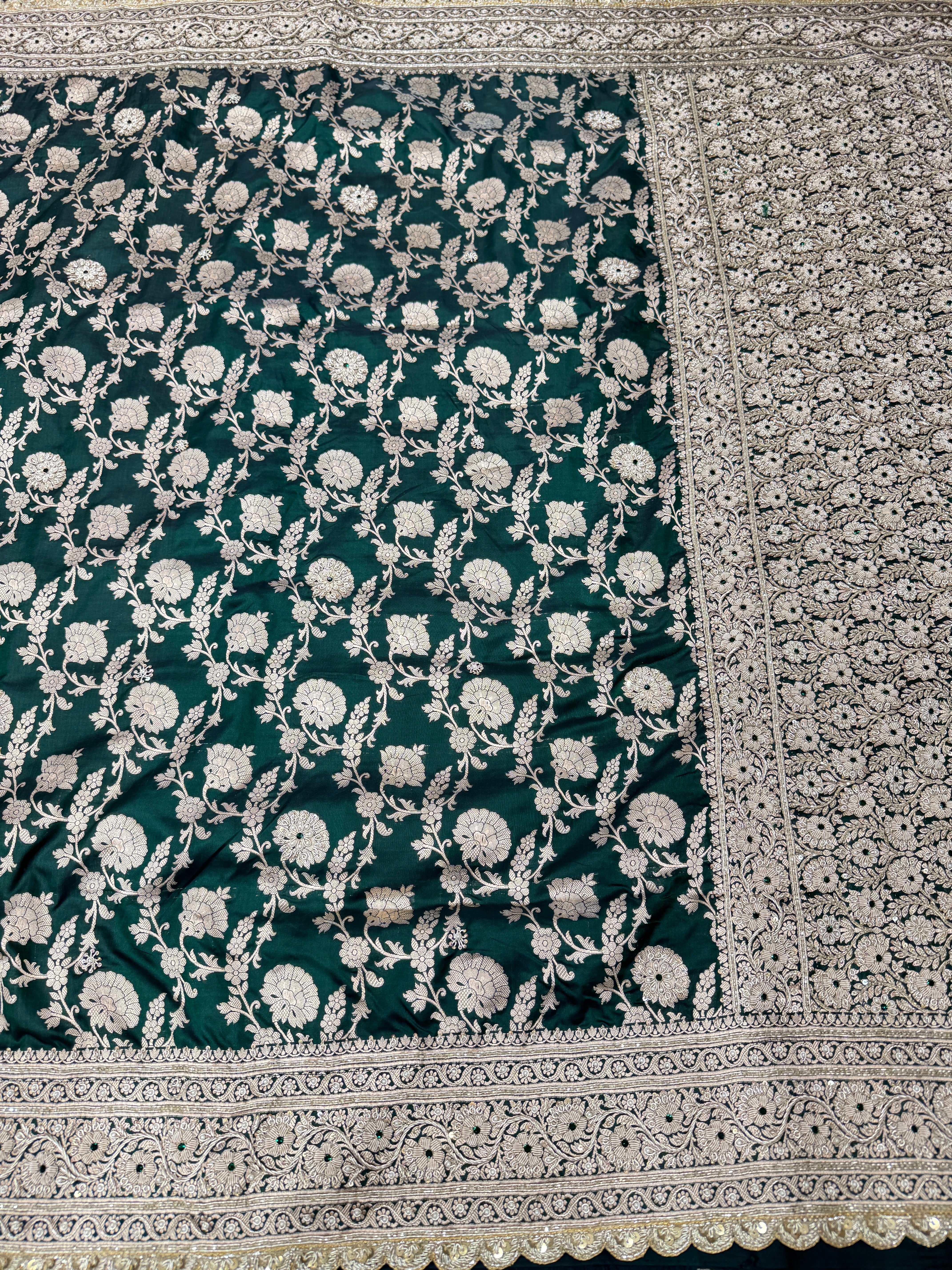 Bottle Green Handloom Banarasi Katan Jaal Zardosi Embroidery Saree