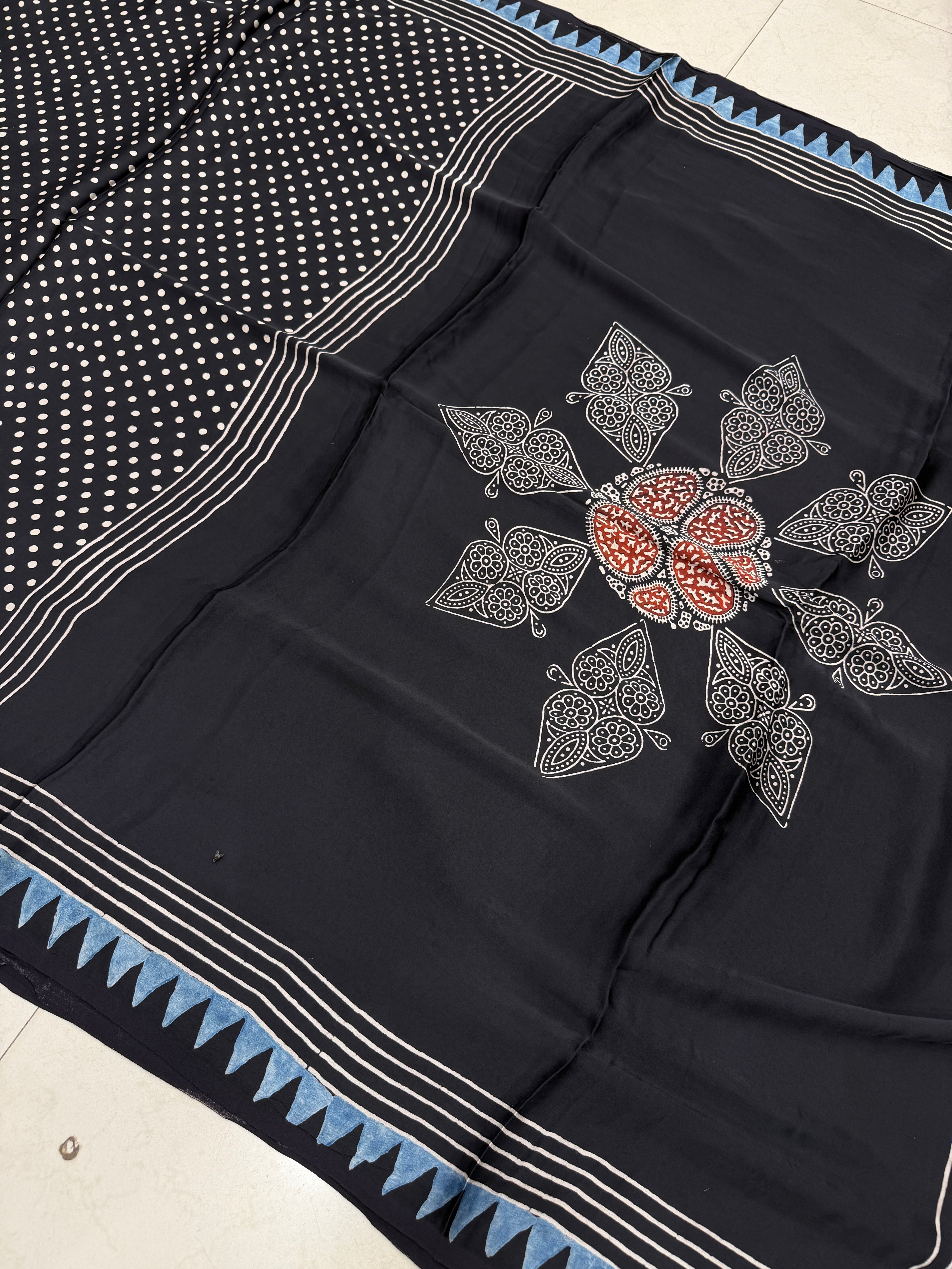 Black Polka Dots Ajrakh Hand Block Print Pure Gajji Silk Saree