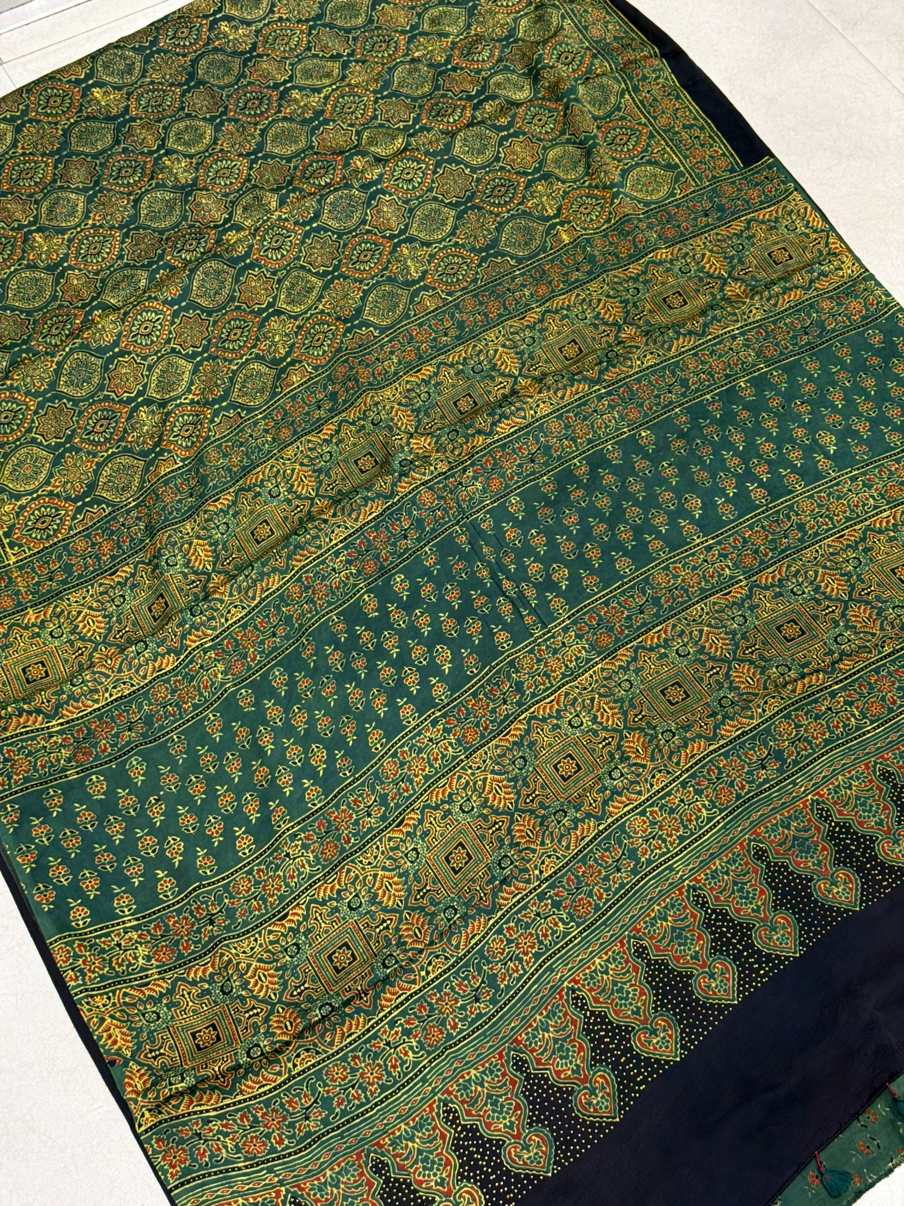 Green Badam Butti Ajrakh Hand Block Print Pure Gajji Silk Saree