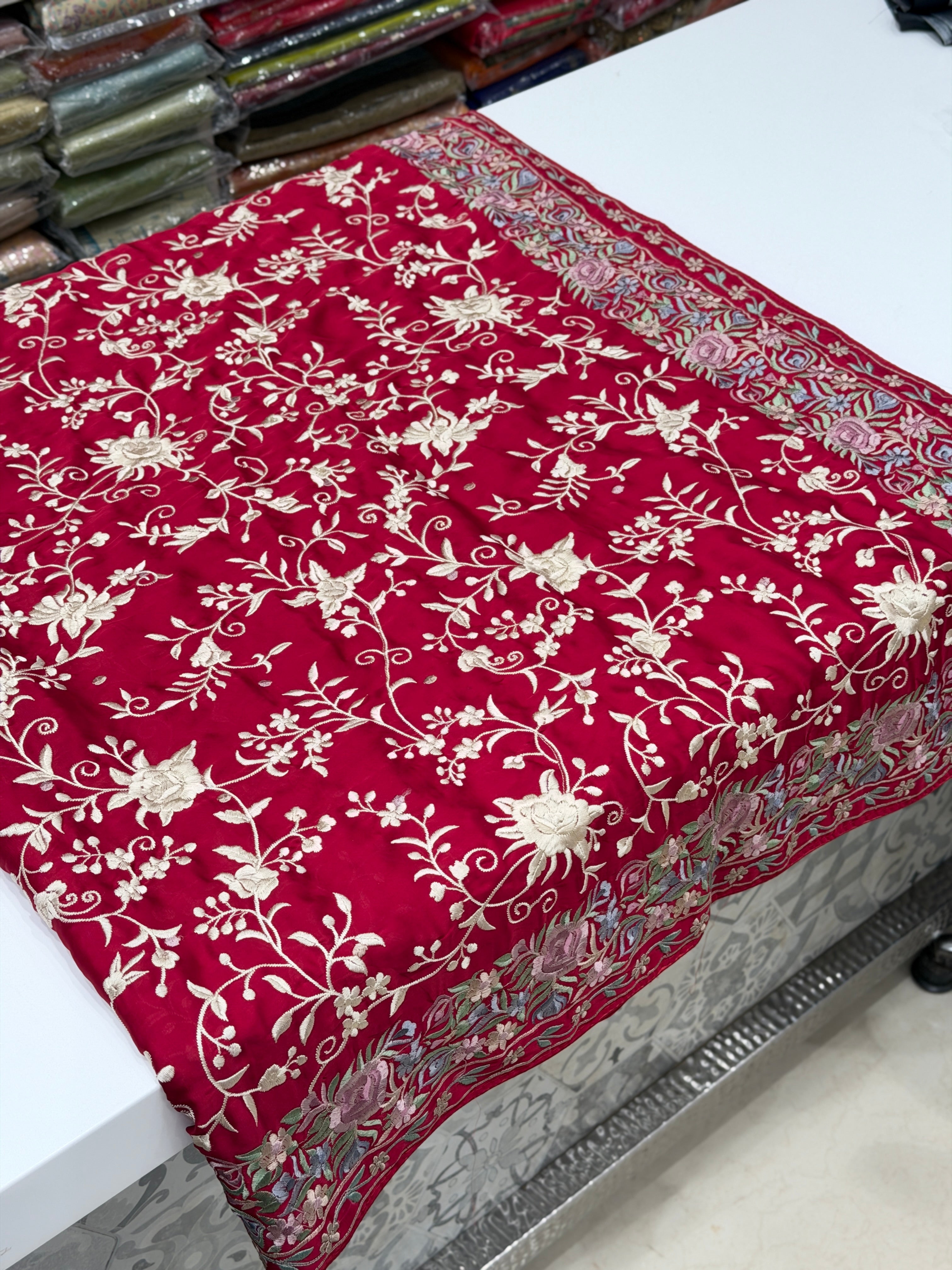 Crimson Crepe Floral Multi Resham Border Parsi Gara Saree