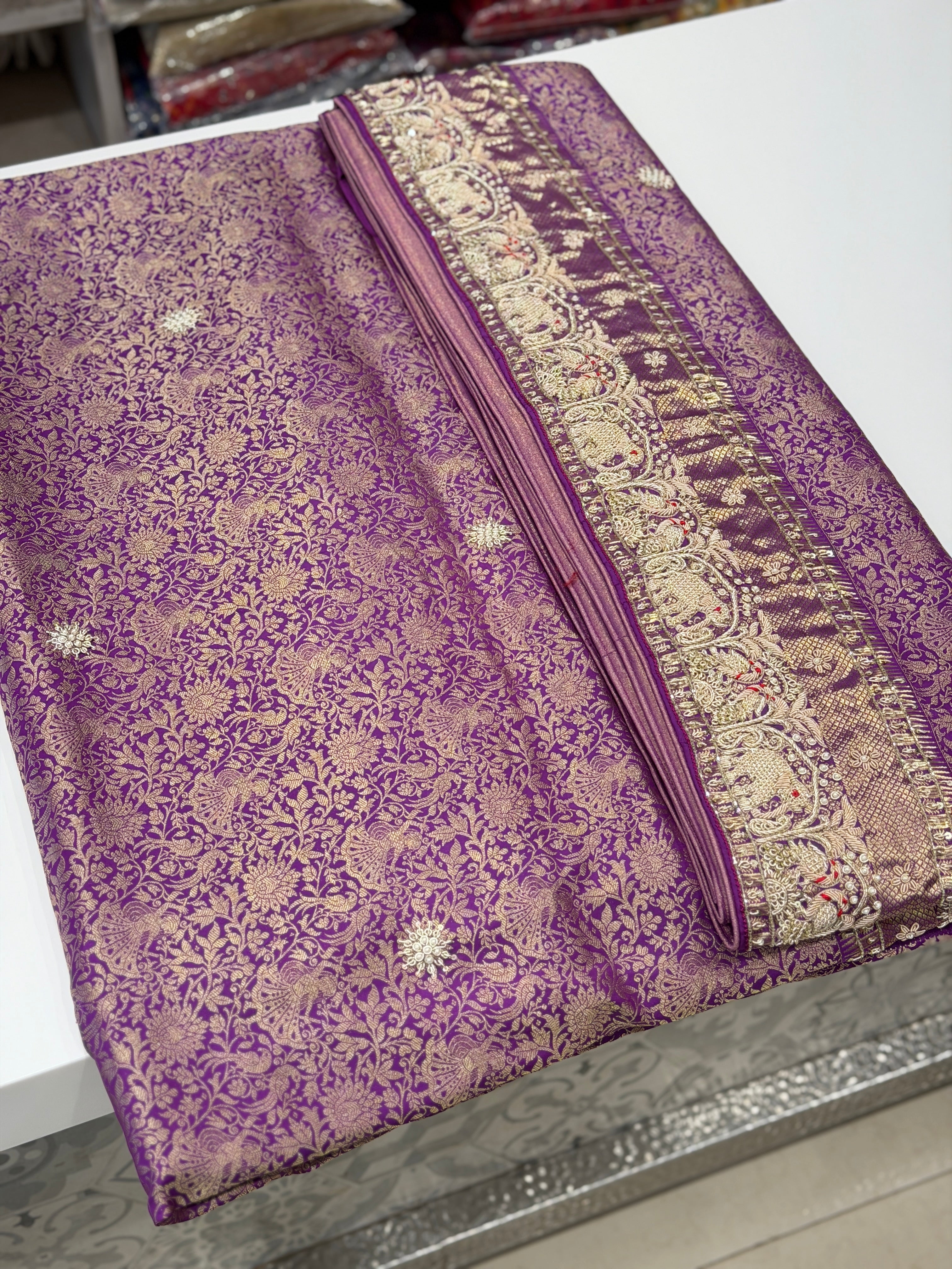 Violet Kanjivaram Elephant Motif Hand Embroidery Zardosi Saree