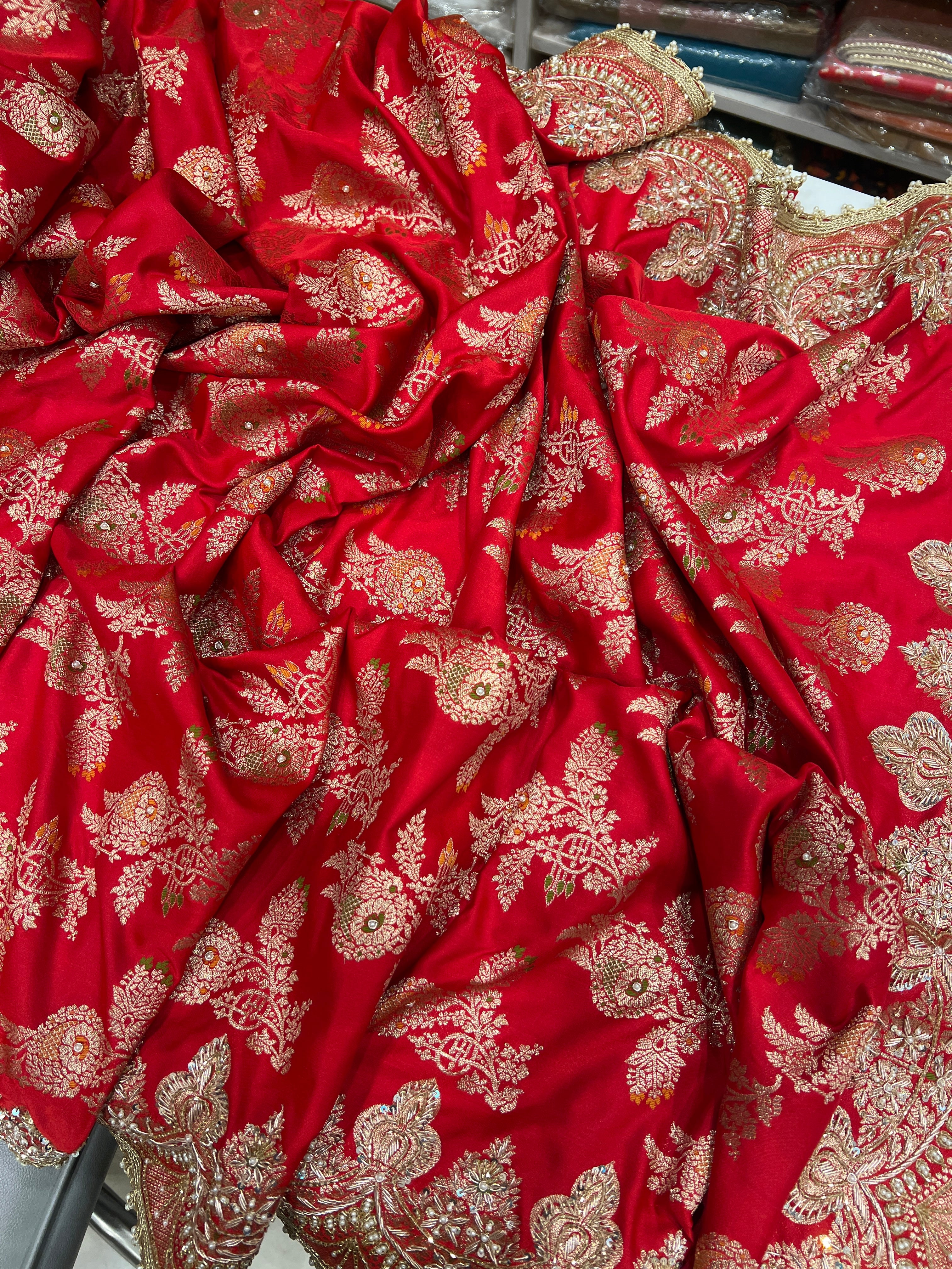 Red Banarasi Meena Hand Embroidery Saree