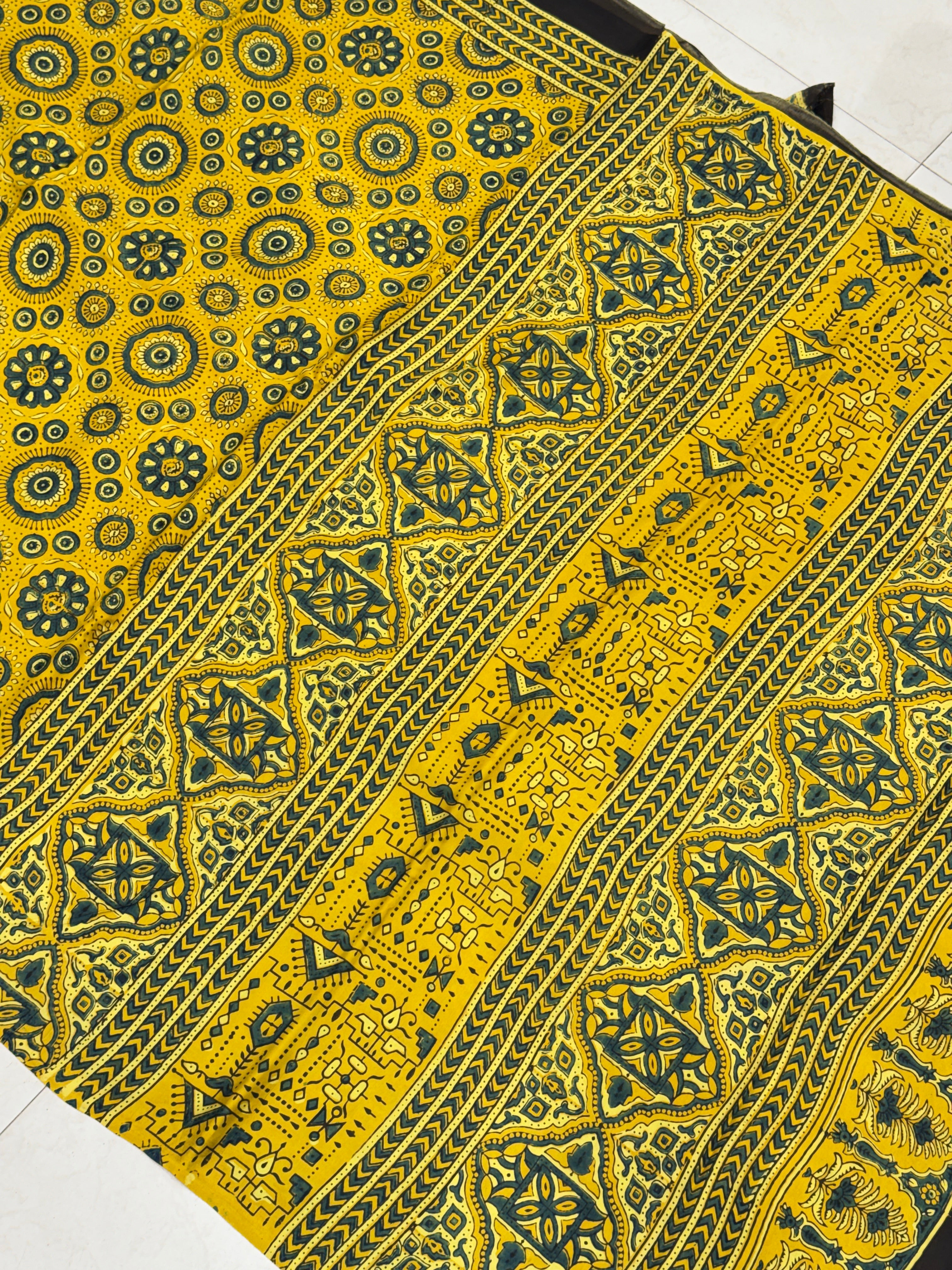 Yellow Floral Butta Pattern Ajrakh Hand Block Print Pure Gajji Silk Saree