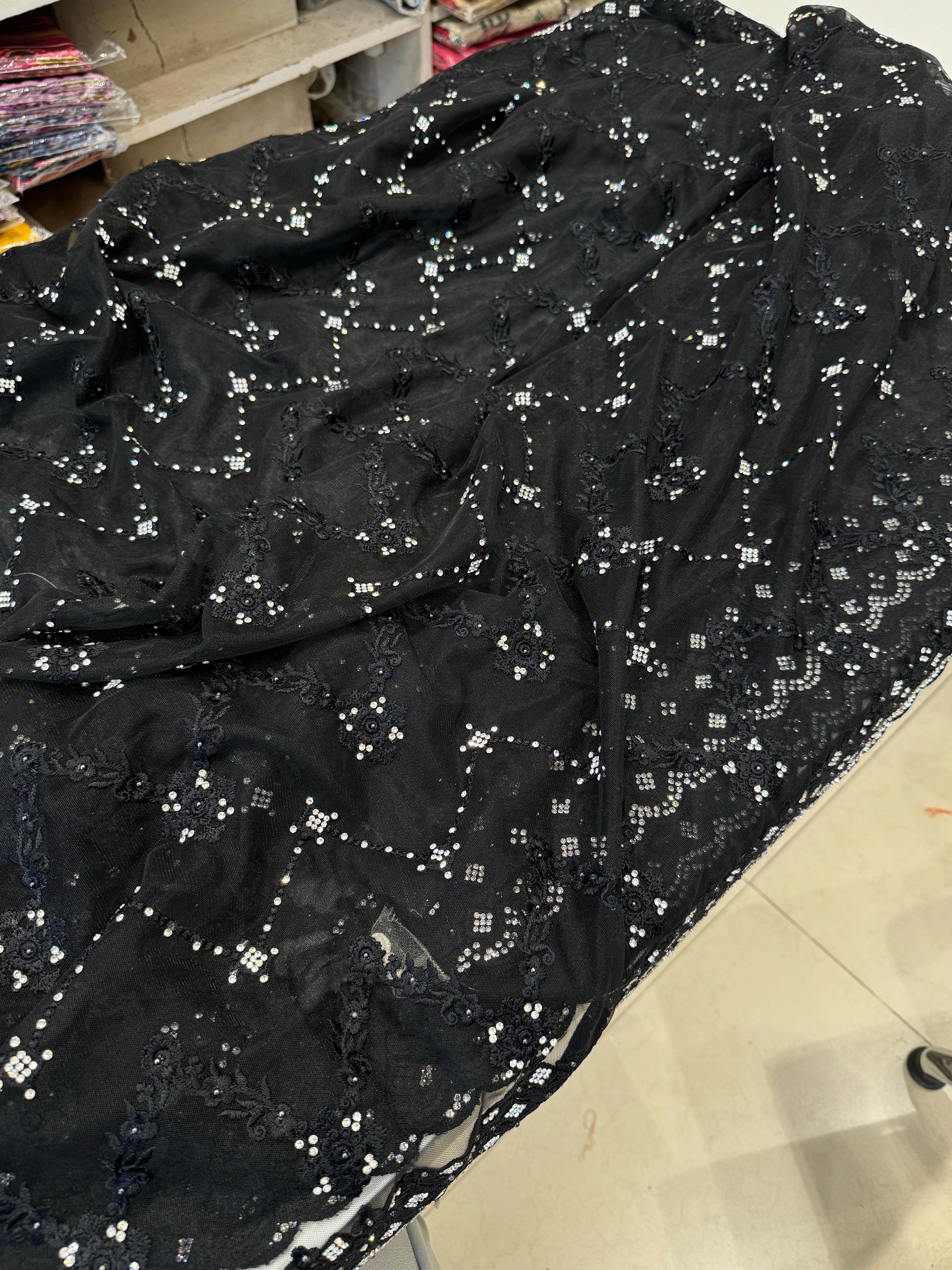 Black Net Stone Resham Embroidery Saree