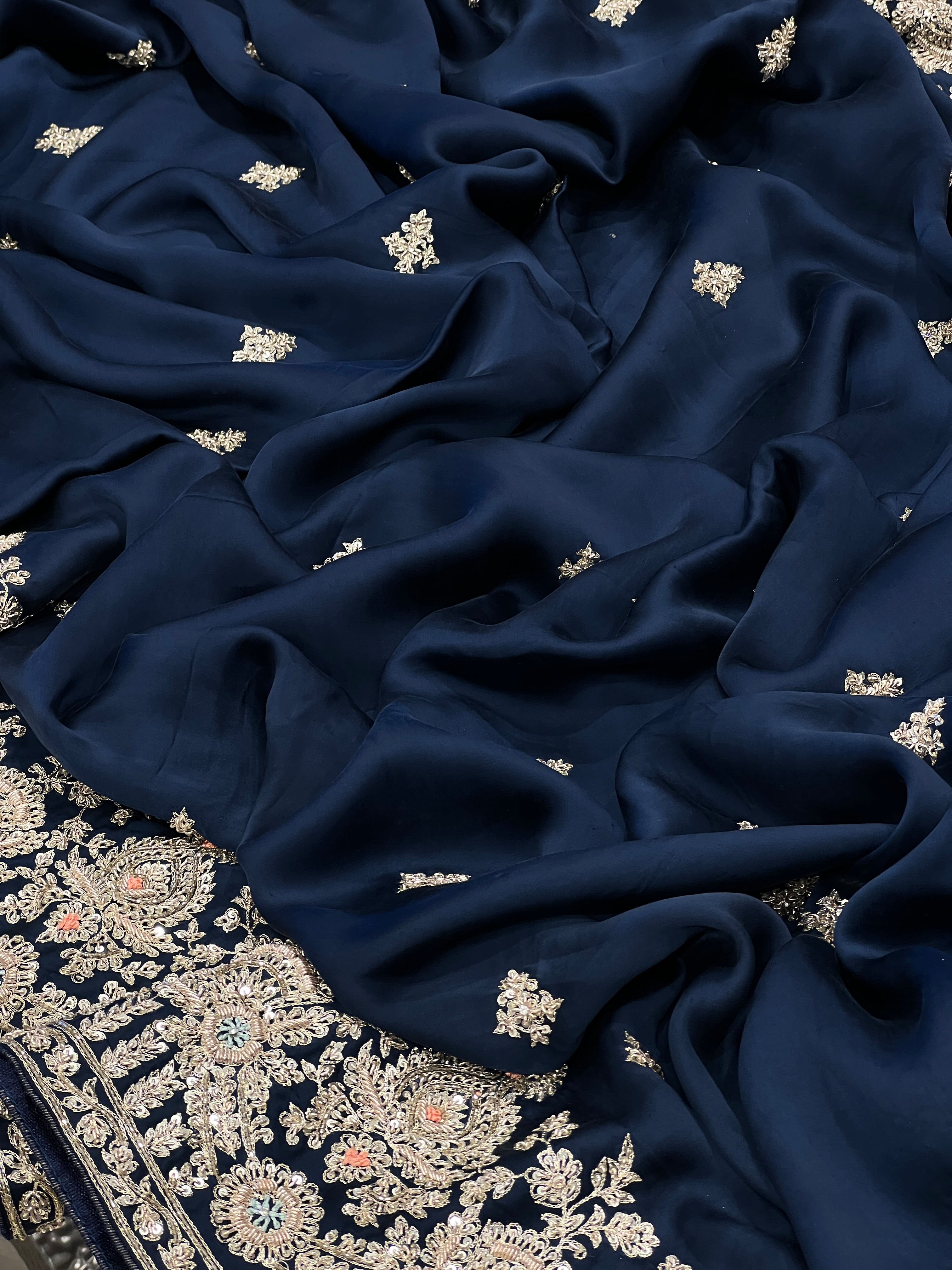 Navy Blue Satin Hand Embroidery Zardosi Saree