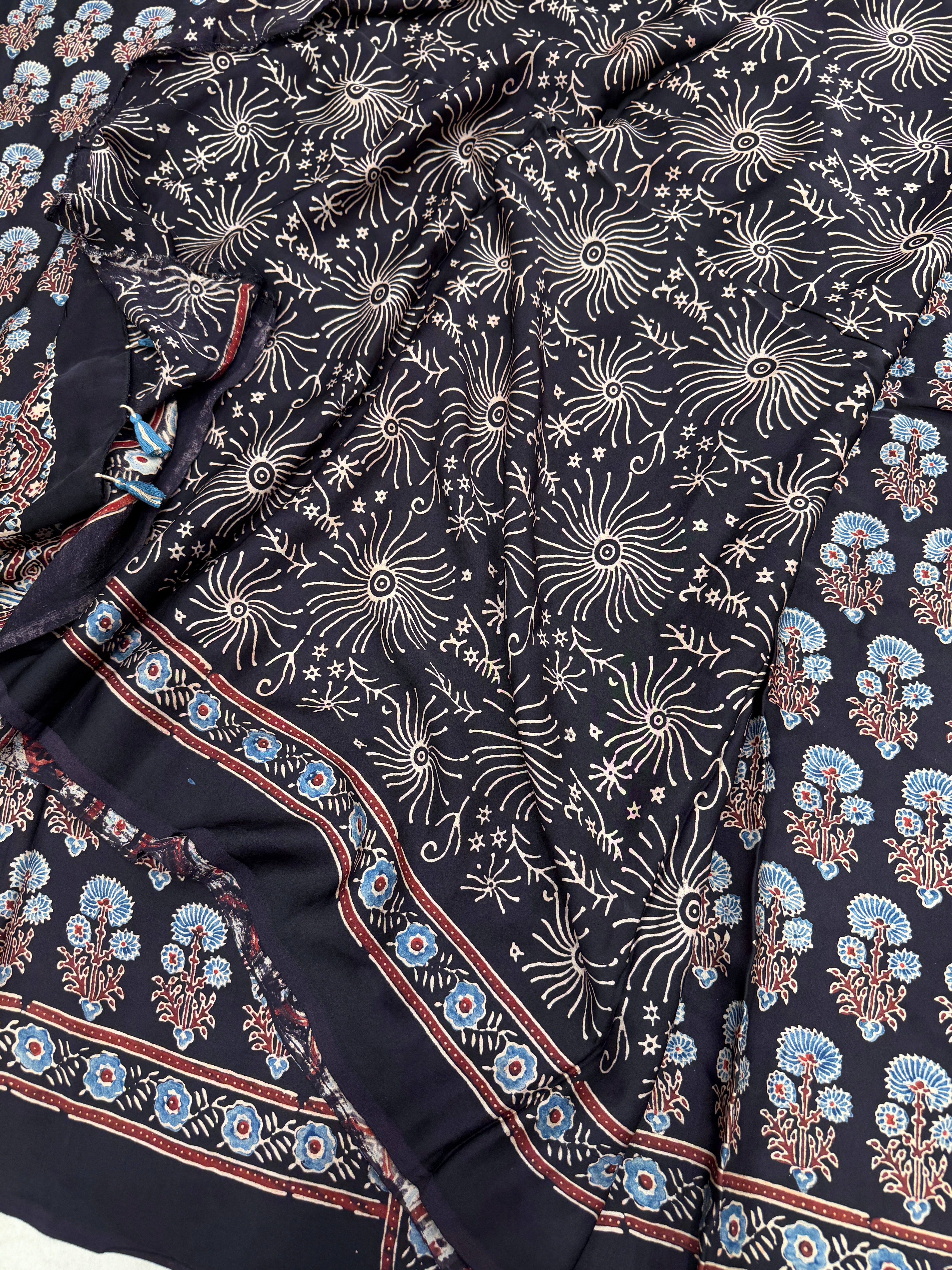 Black Floral Butta Ajrakh Hand Block Print Pure Gajji Silk Saree