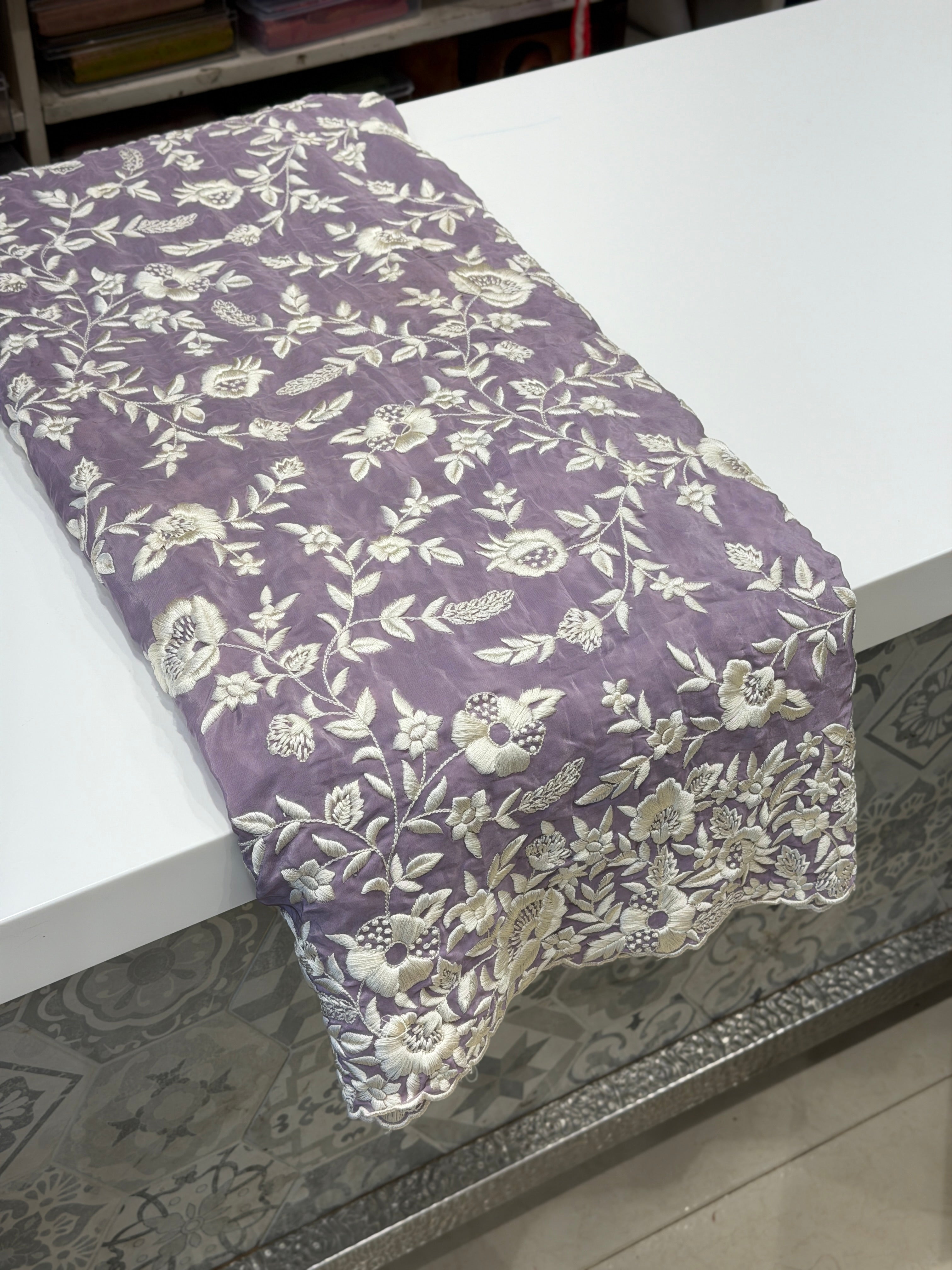 Lilac Crepe Floral Jaal Flamingo Resham Embroidery Saree