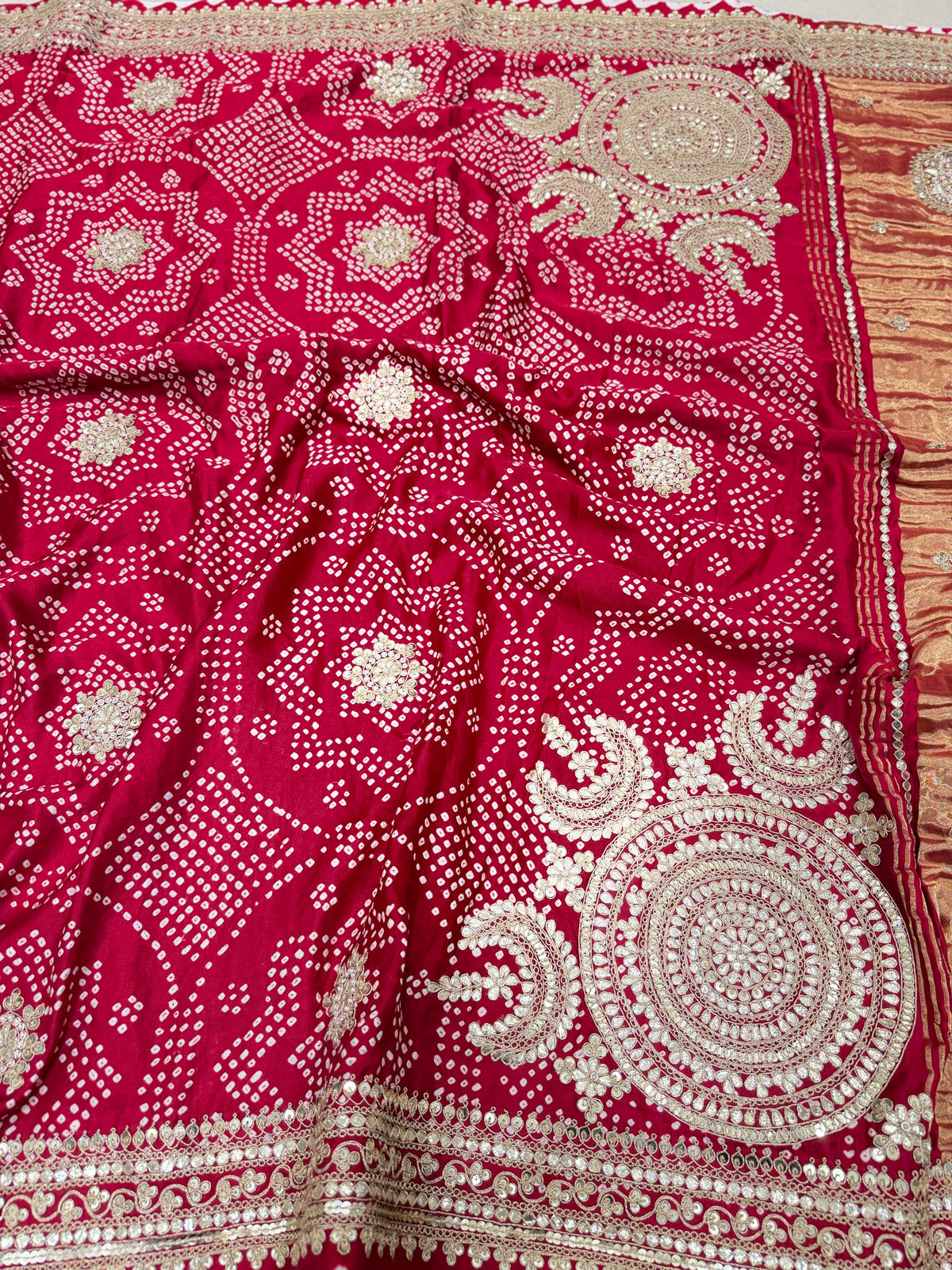 Red Gajji Silk Bandhej Gotapatti Marodi Hand Embroidery Saree