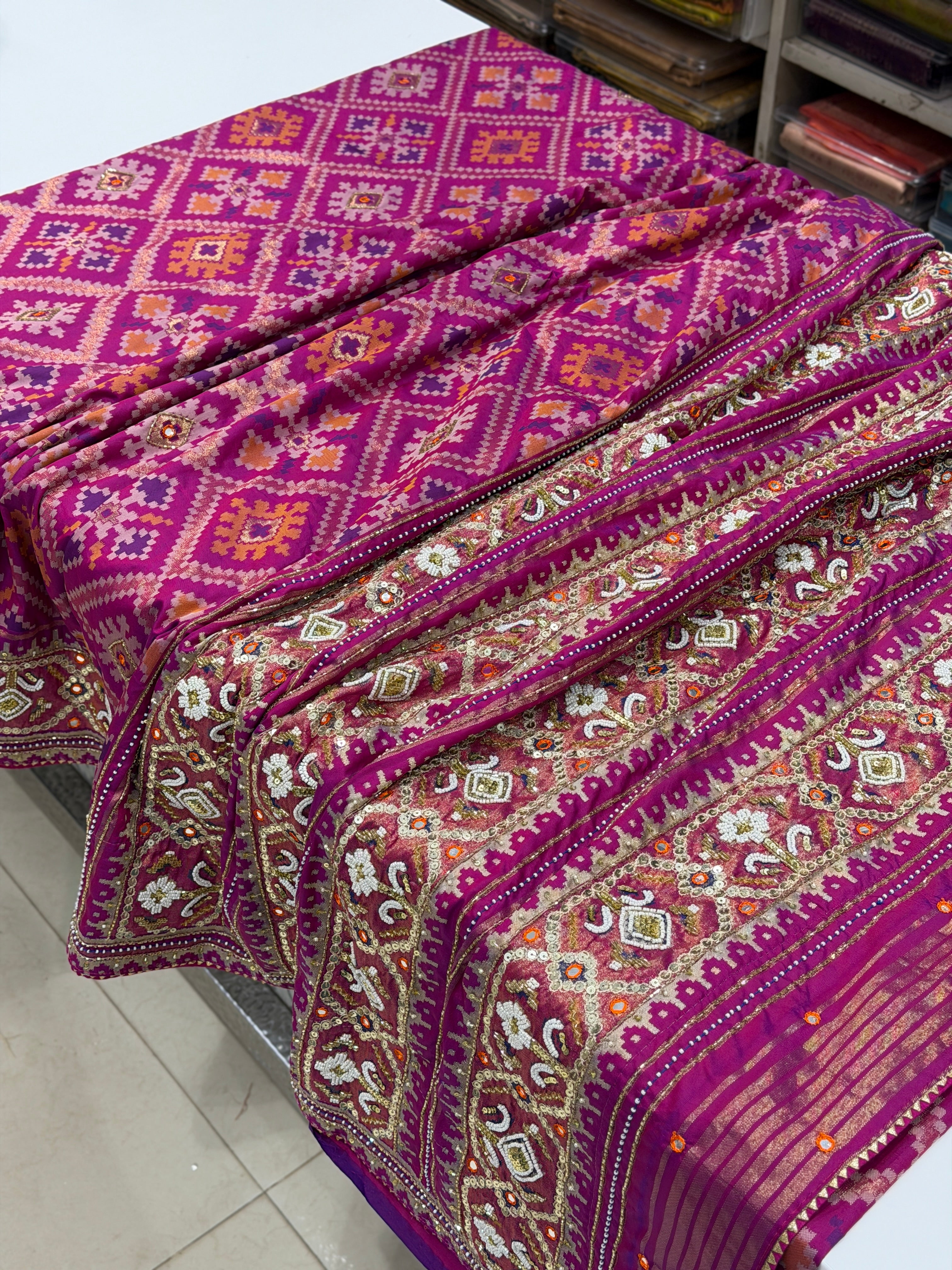 Violet Patola Ratan Chowk Kidiya Moti Hand Embroidery Saree