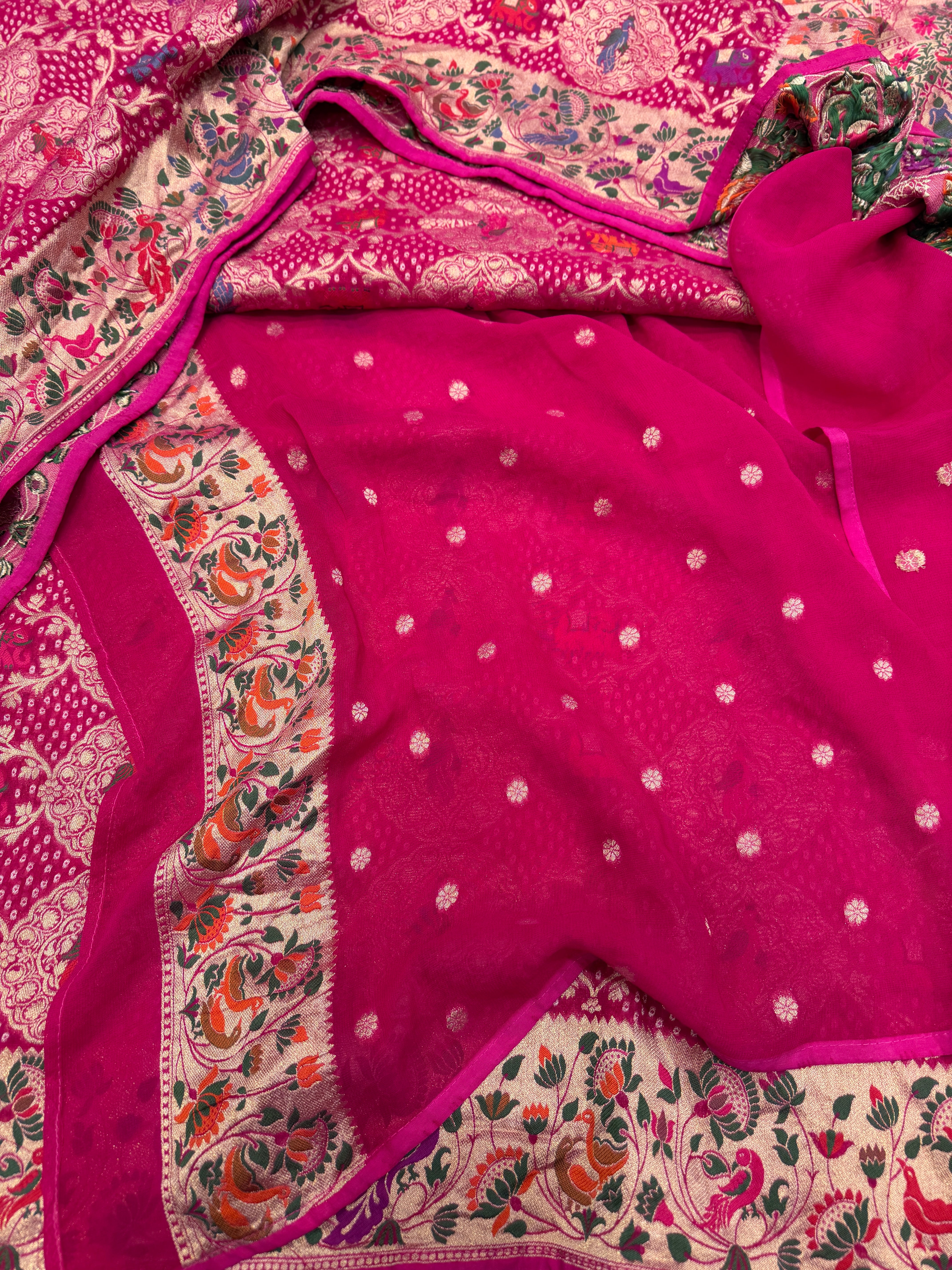 Rani Woven Bandhej Meenakari Peacock Parrot Motif Saree