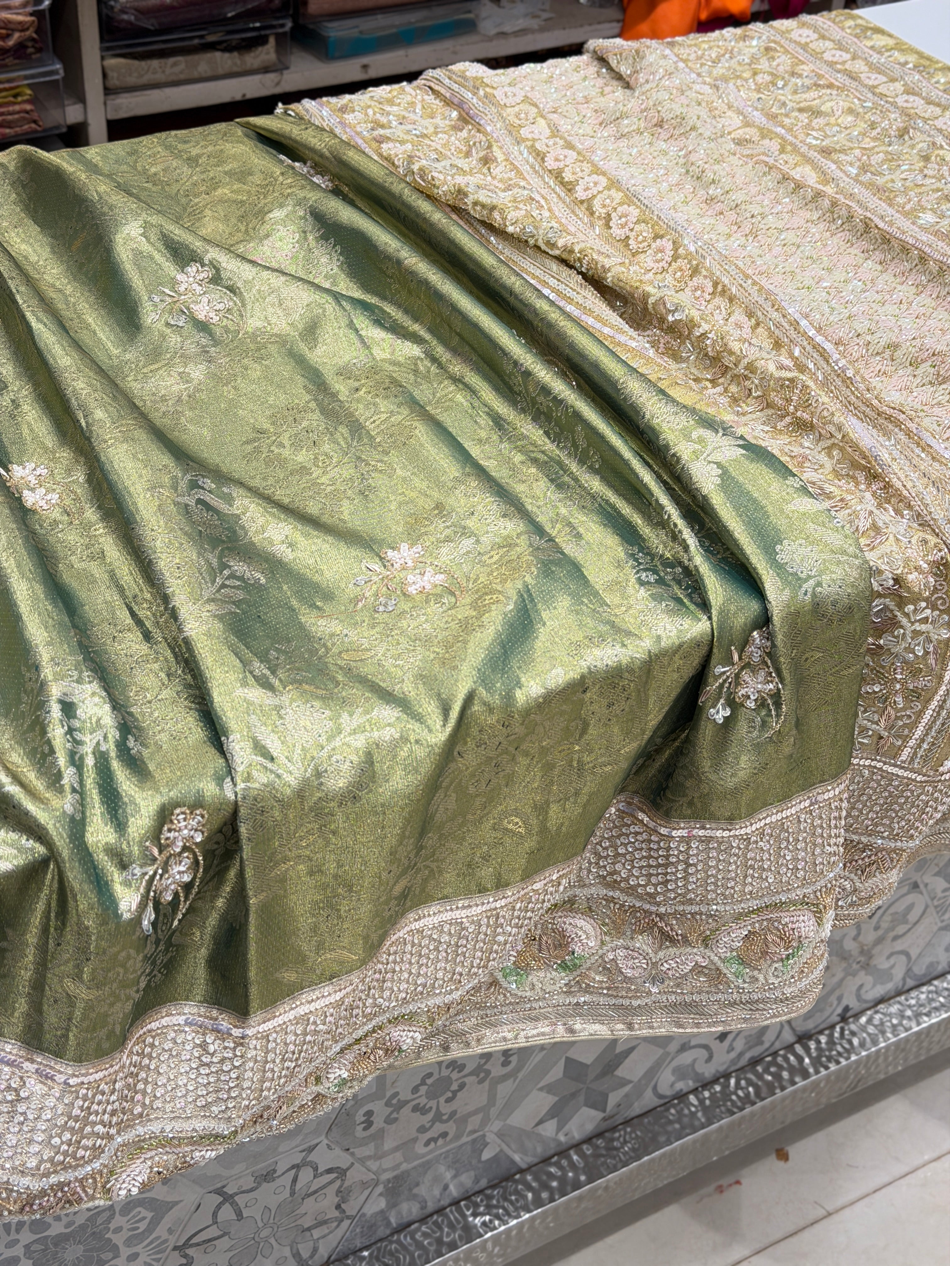 Green Kanjivaram Three Zari Hand Embroidery Zardosi Moti Sequin Saree