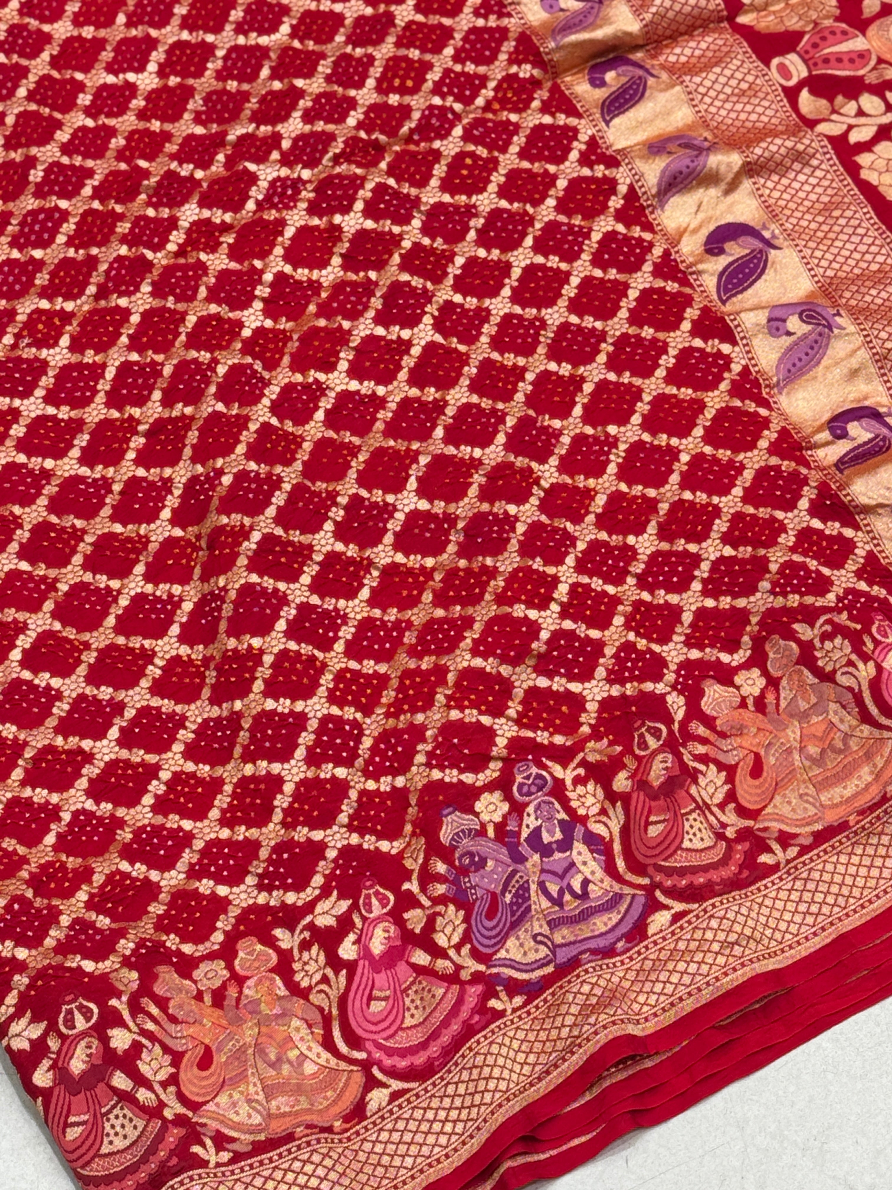 Red Rai Bandhej Meenakari Handloom Saree