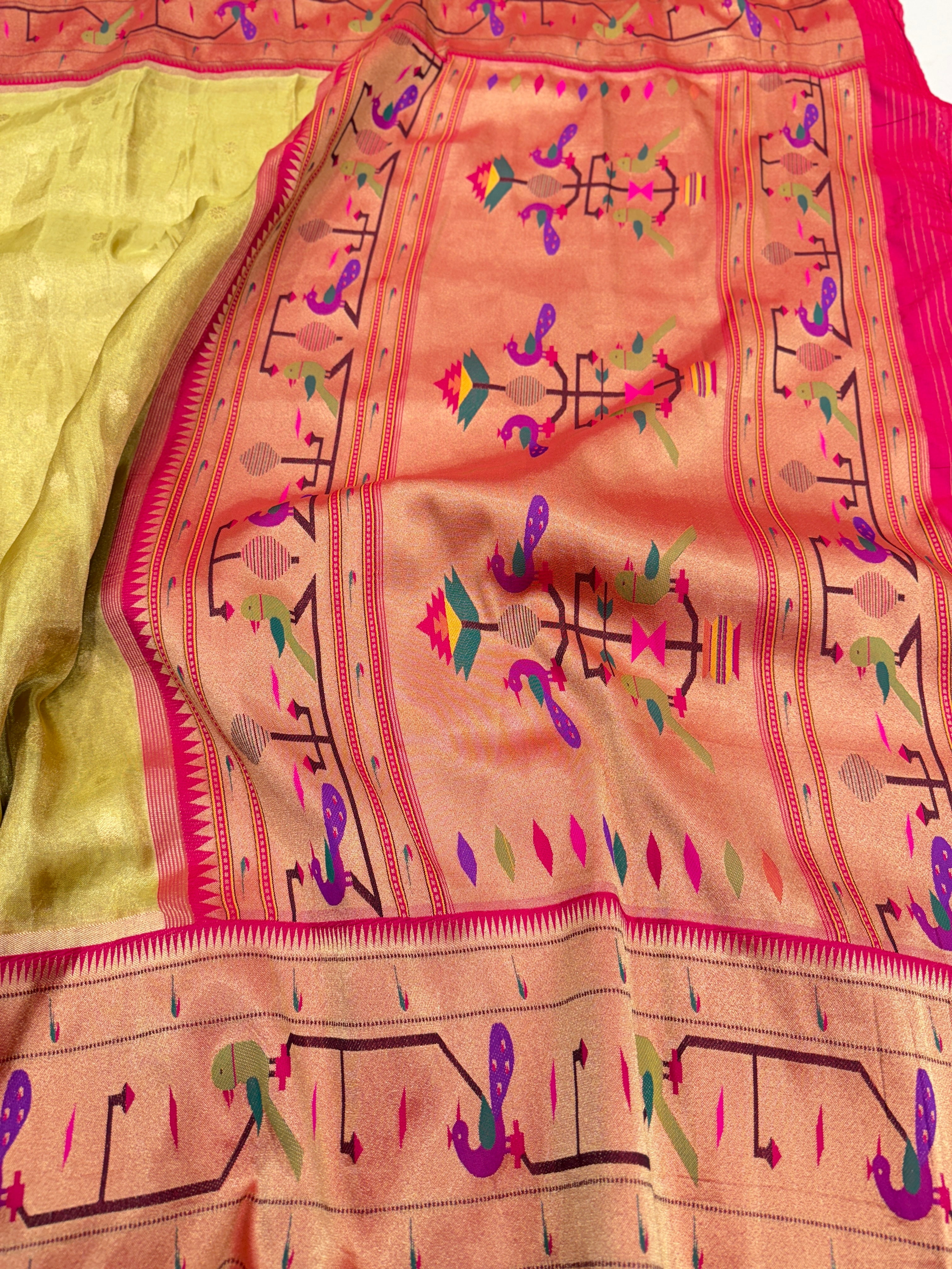 Neon Tissue Paithani Peacock Parrot Border Saree