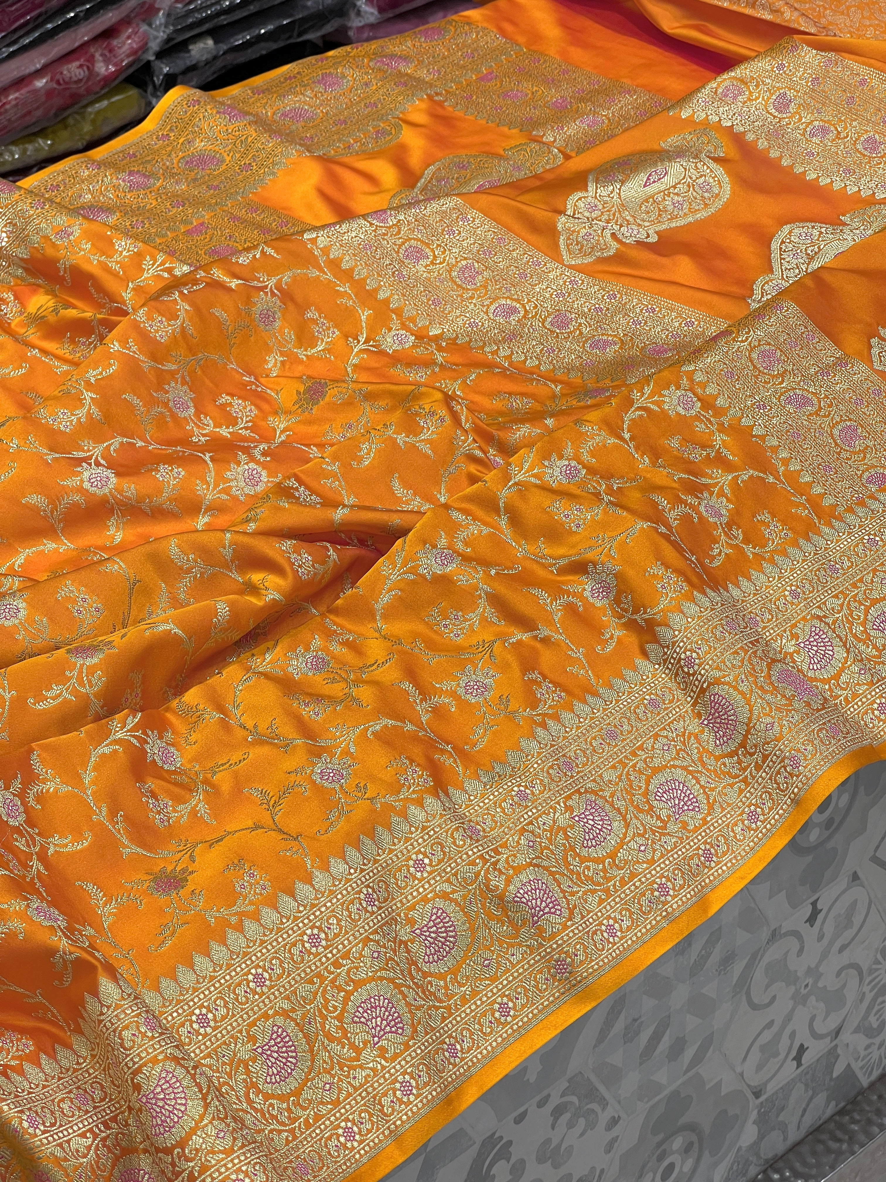 Orange Yellow Banarasi Silk Saree