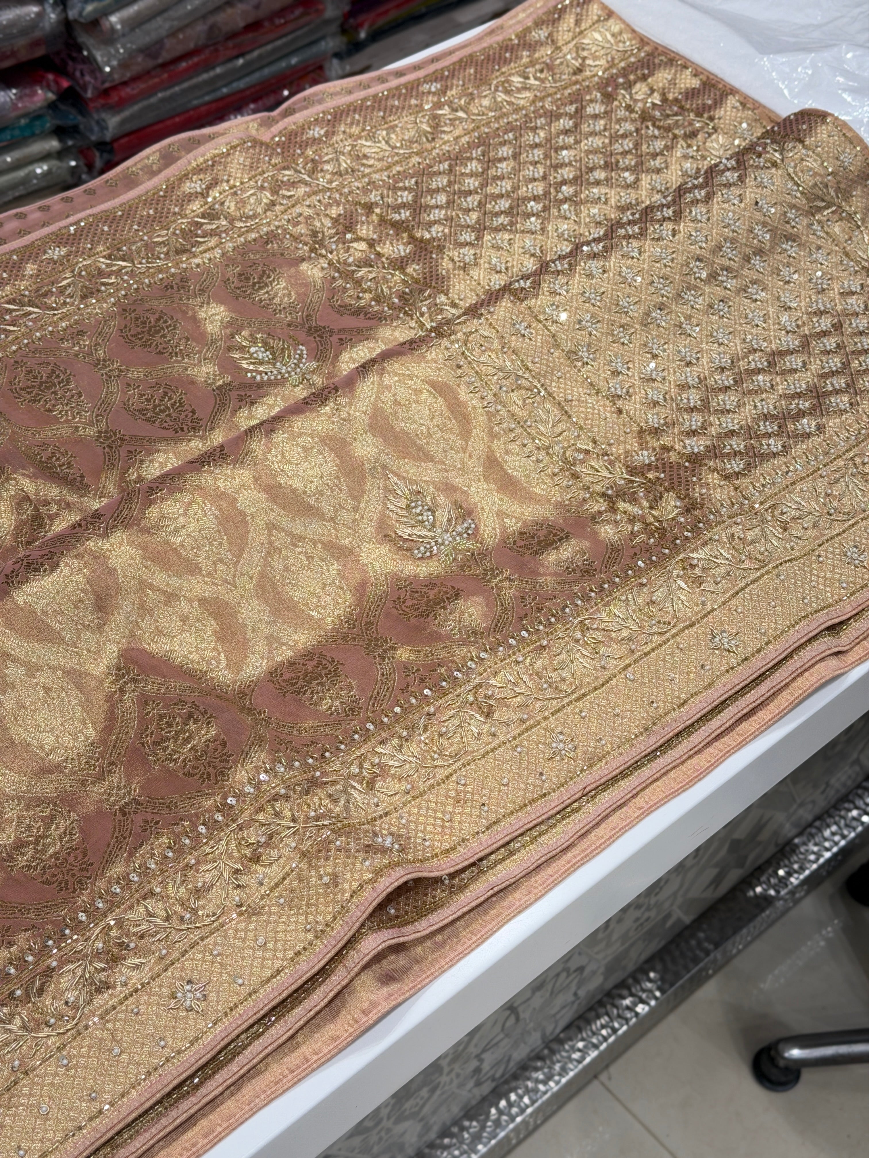 Nude Pink Crown Jaal Banarasi Zardosi Embroidery Saree