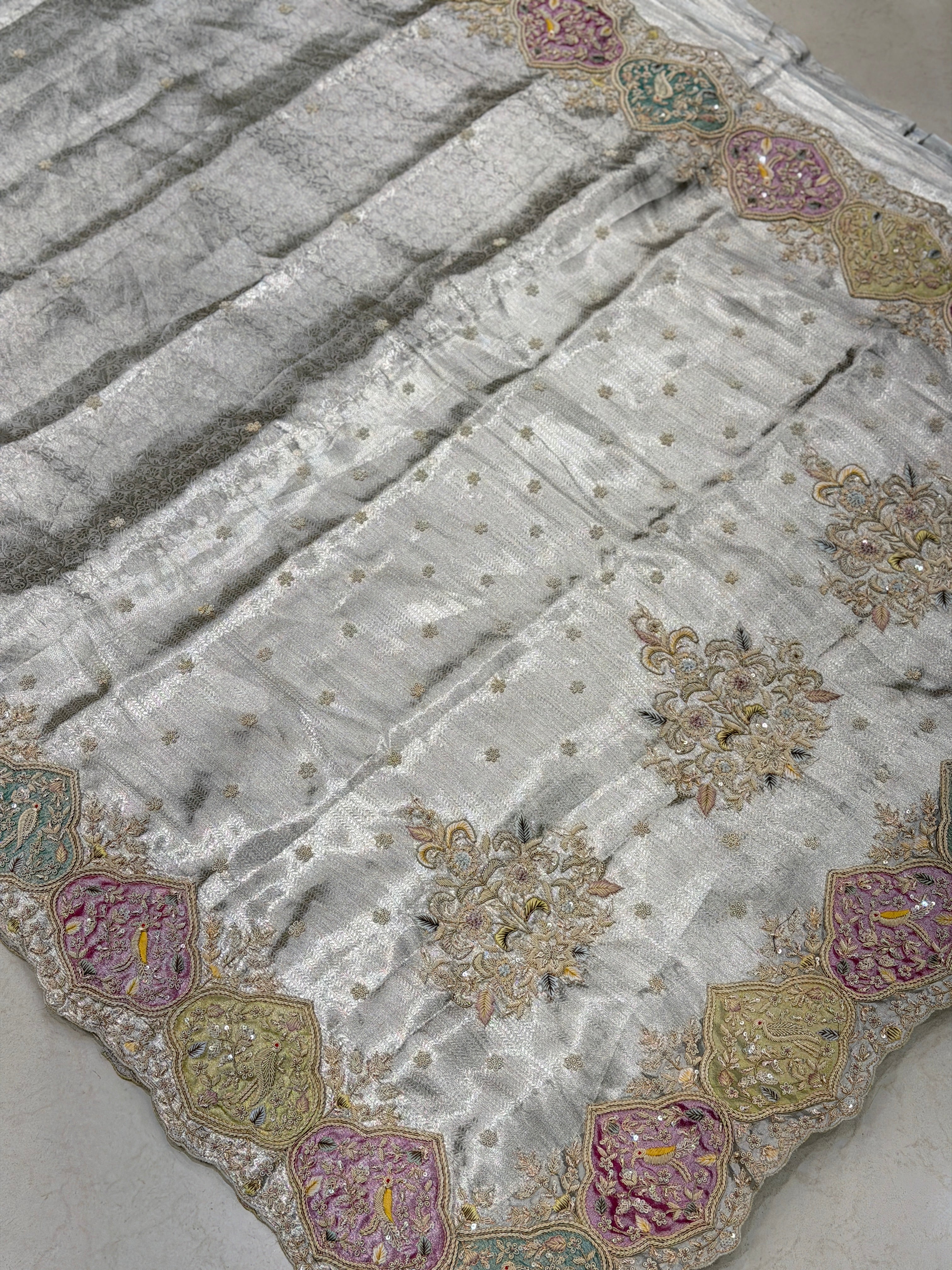 Silver Tissue Kanjivaram Zardosi Patch Work Hand Embroidery Saree