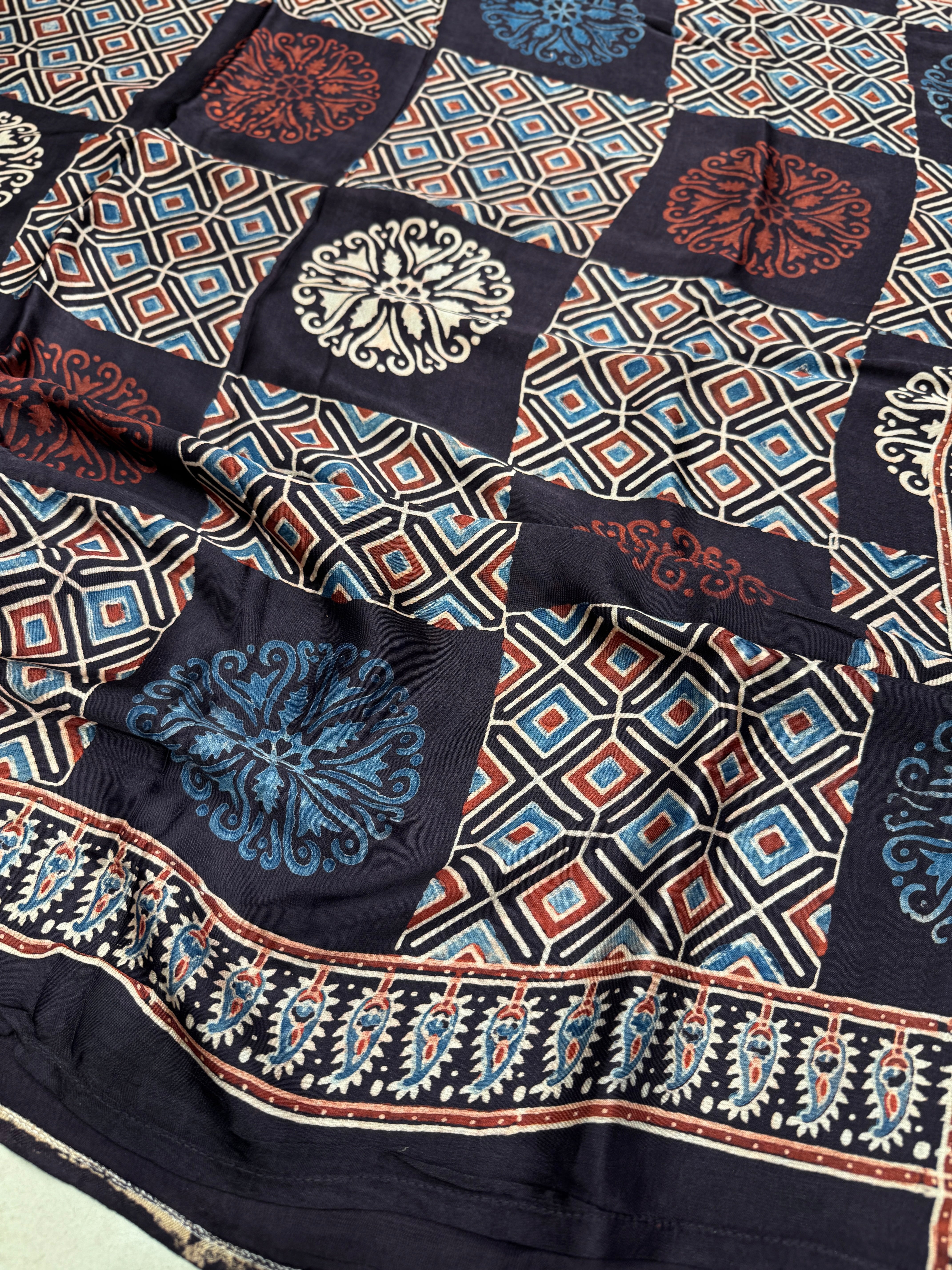 Multi Traditional Check Ajrakh Modal Gajji Silk Saree