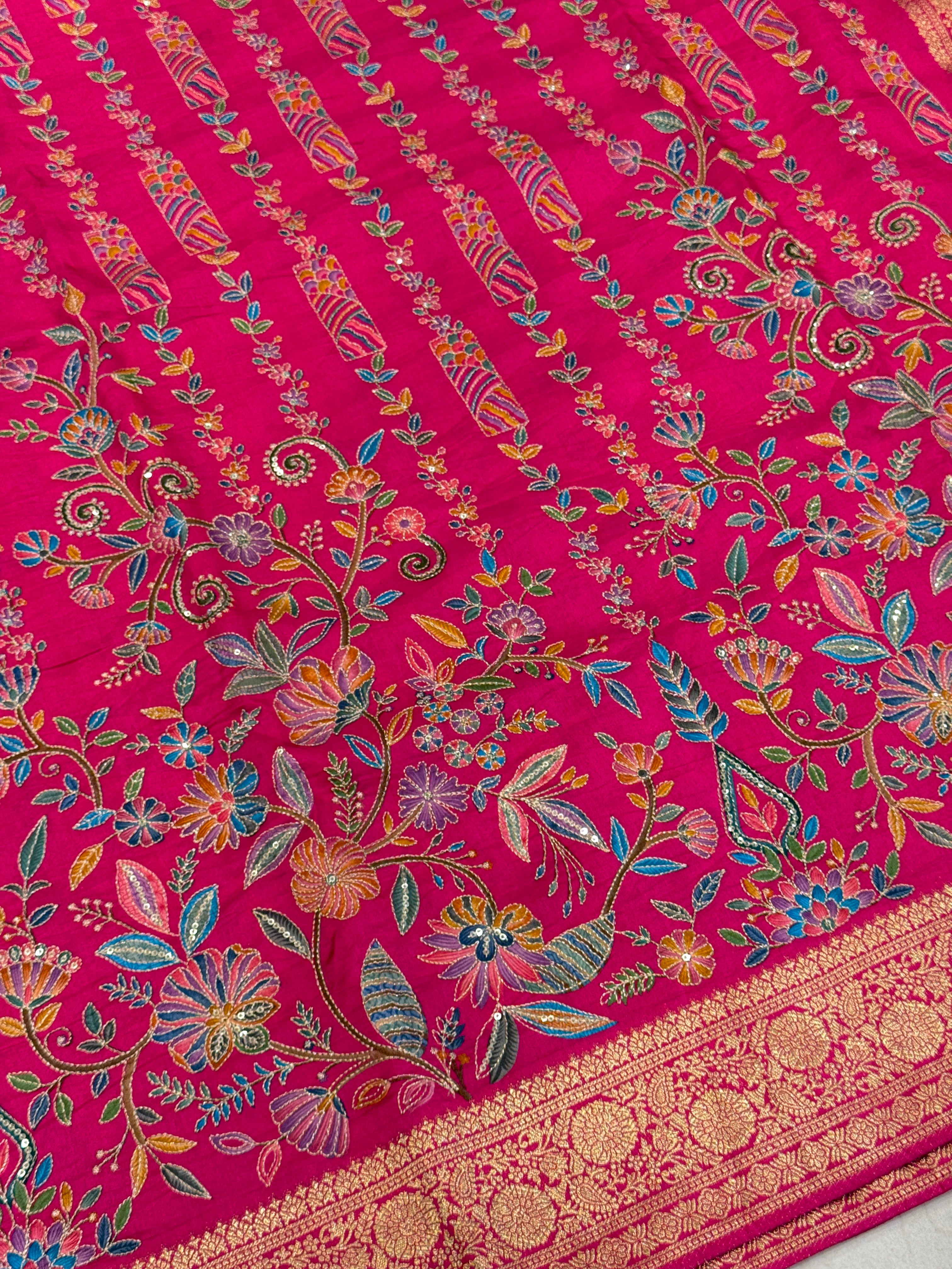 Rani Banarasi Munga With Pita Embroidery