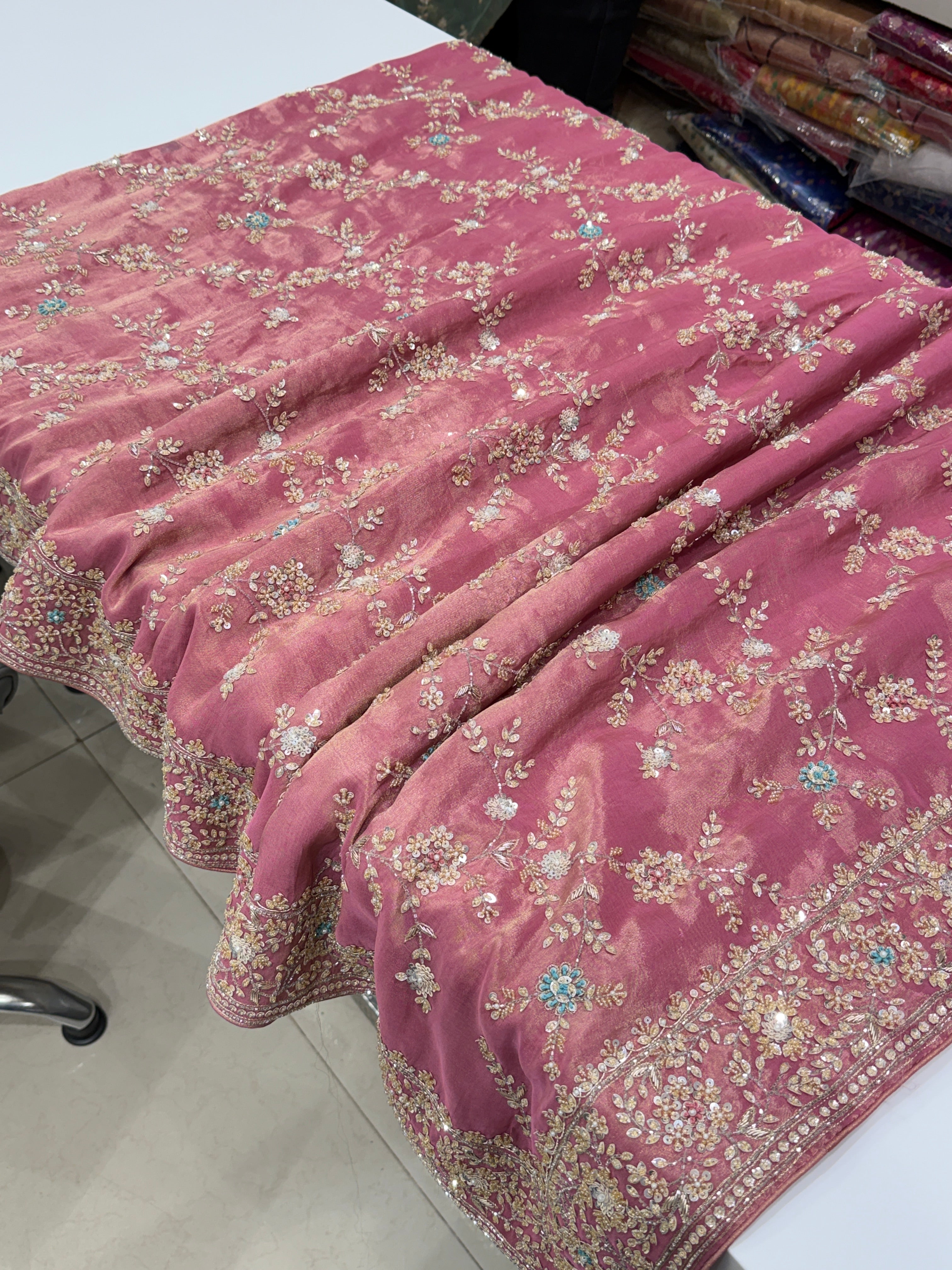 Pink Tissue Silk Moti Sequin Zardosi Hand Embroidery Jaal Saree