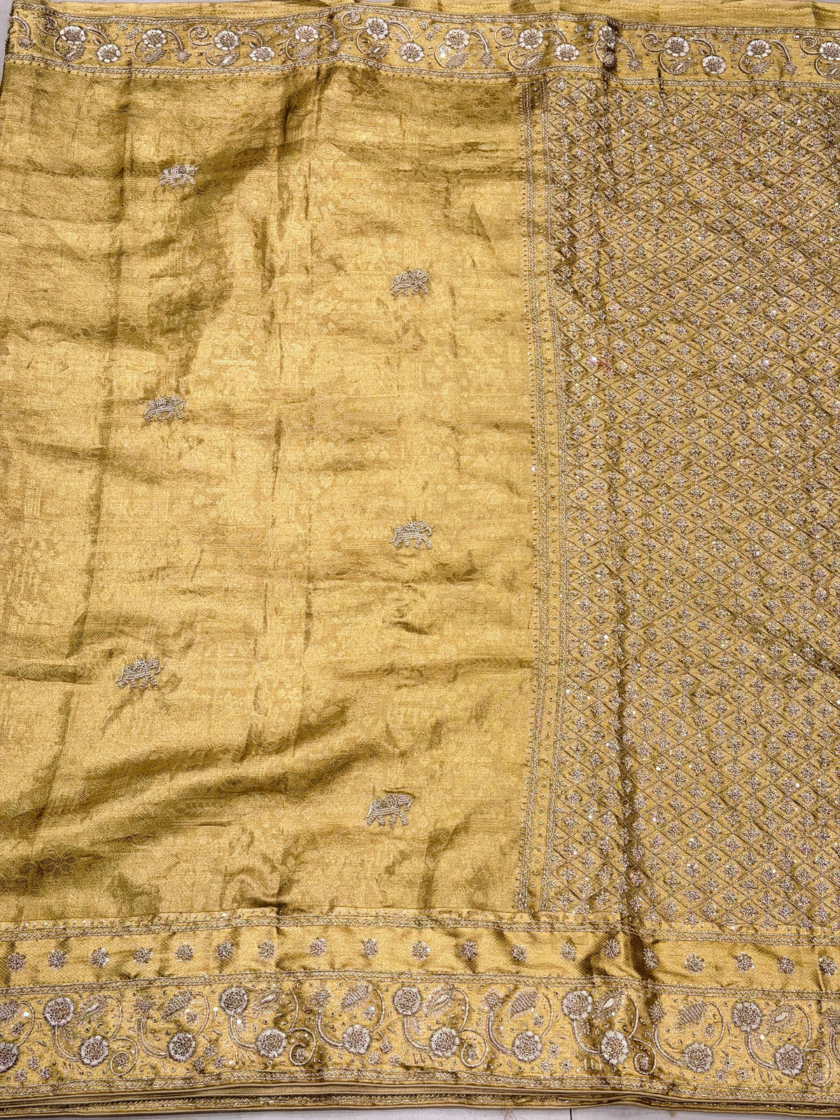 Golden Floral Kanjivaram Zardosi Hand Embroidery Saree