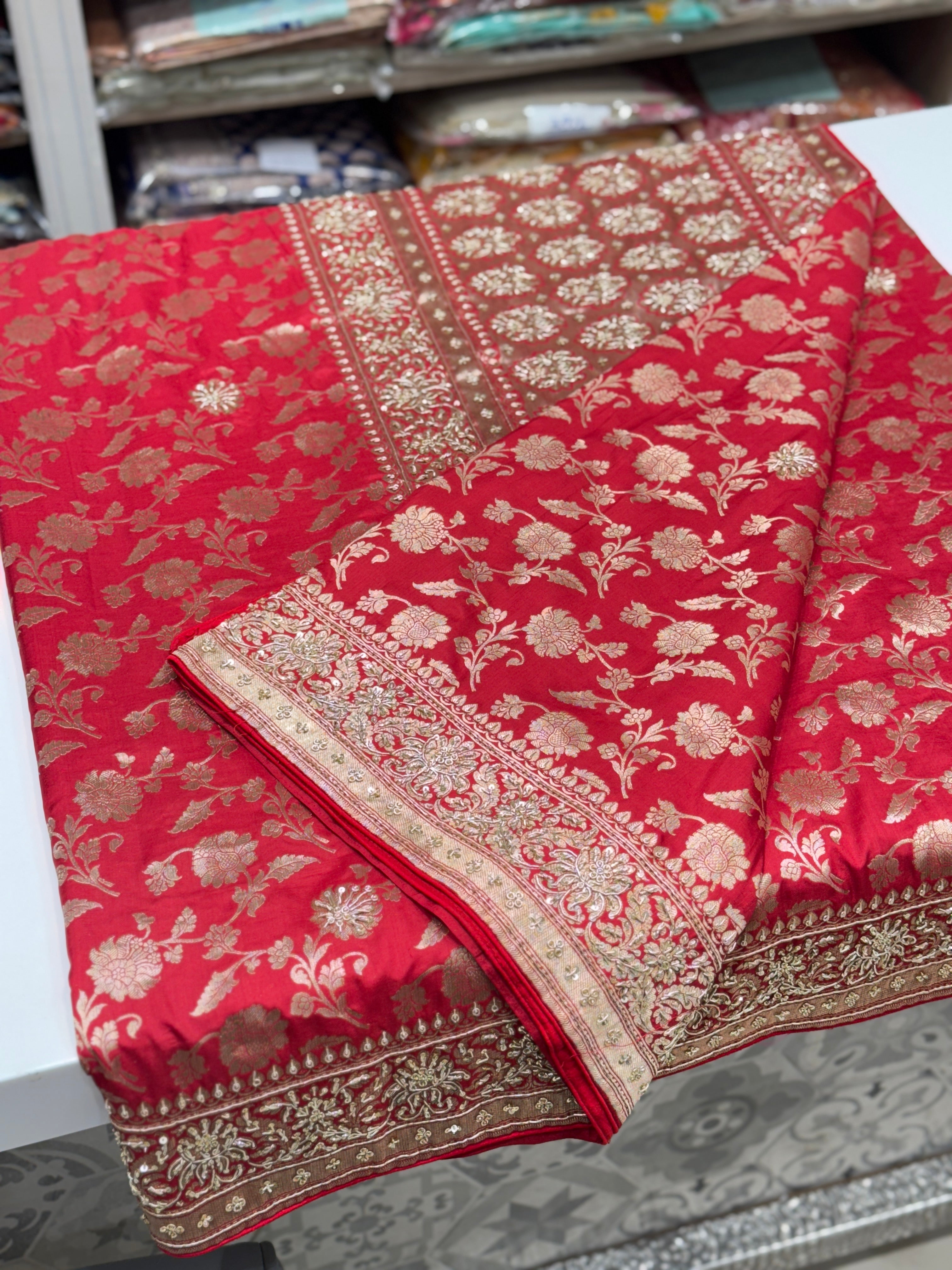 Red Banarasi Handloom Katan Embroidery Saree