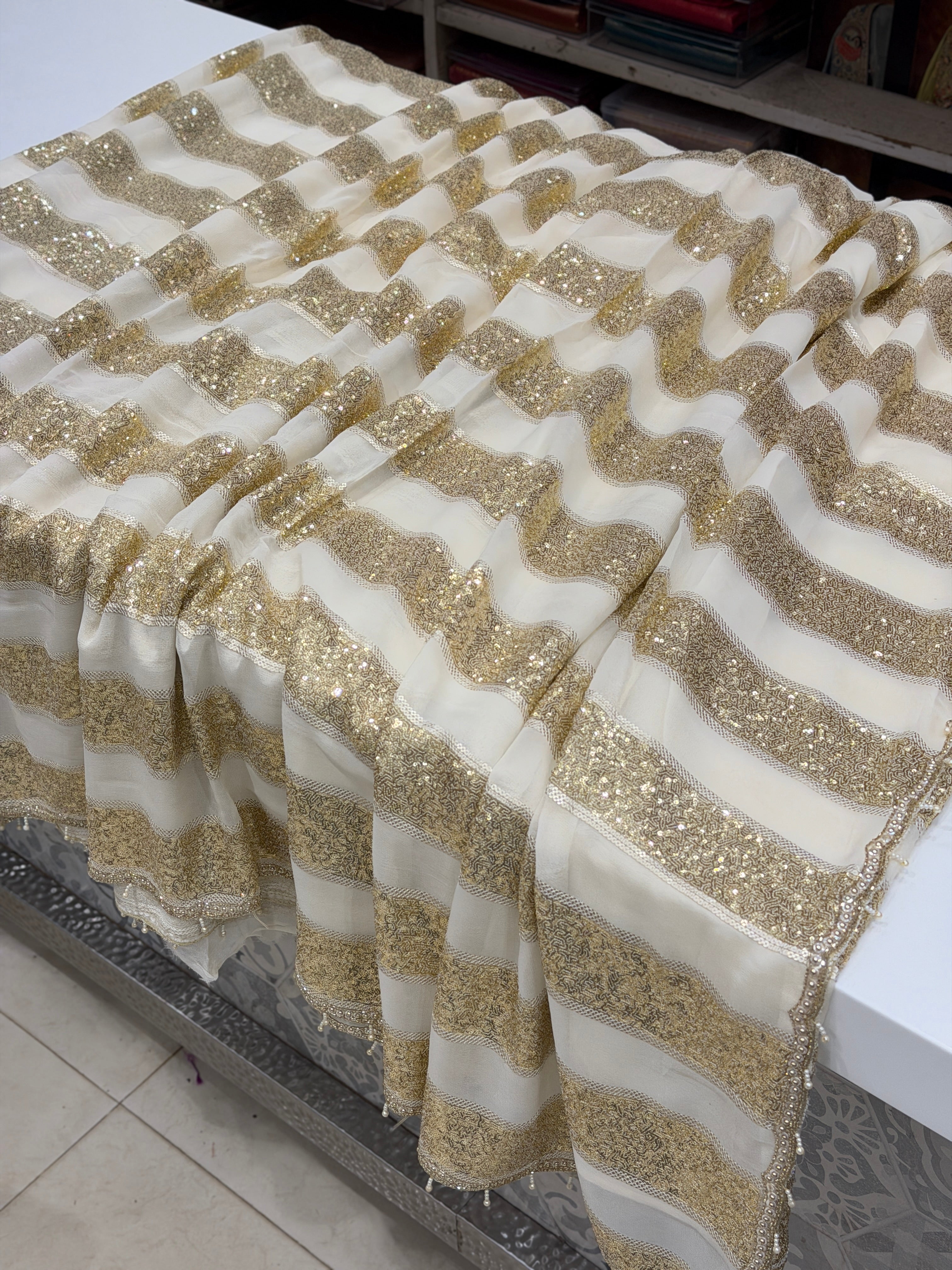 White Georgette Sequin Contemporary Saree