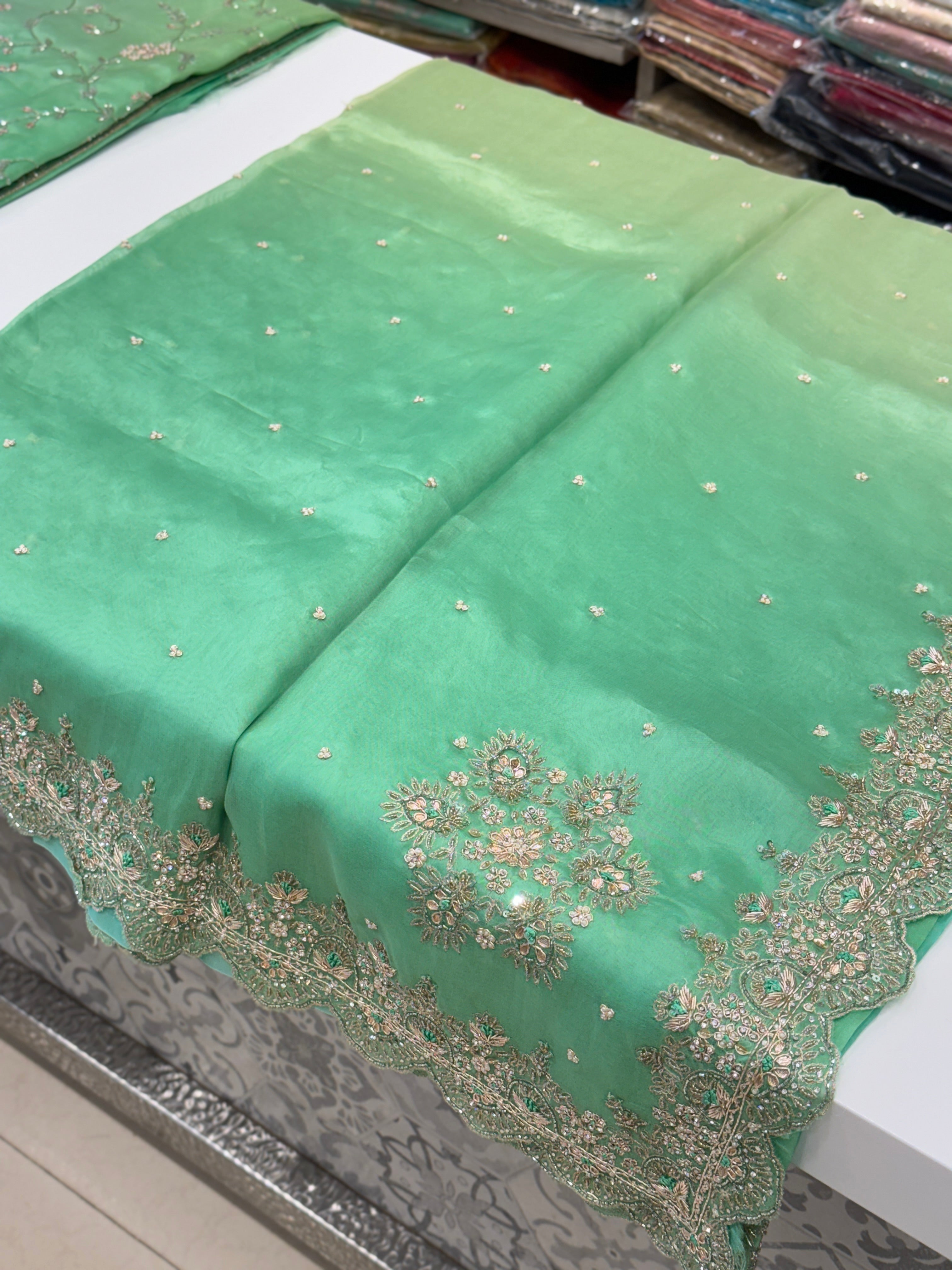 Pure Organza Shaded Green Hand Embroidery Saree