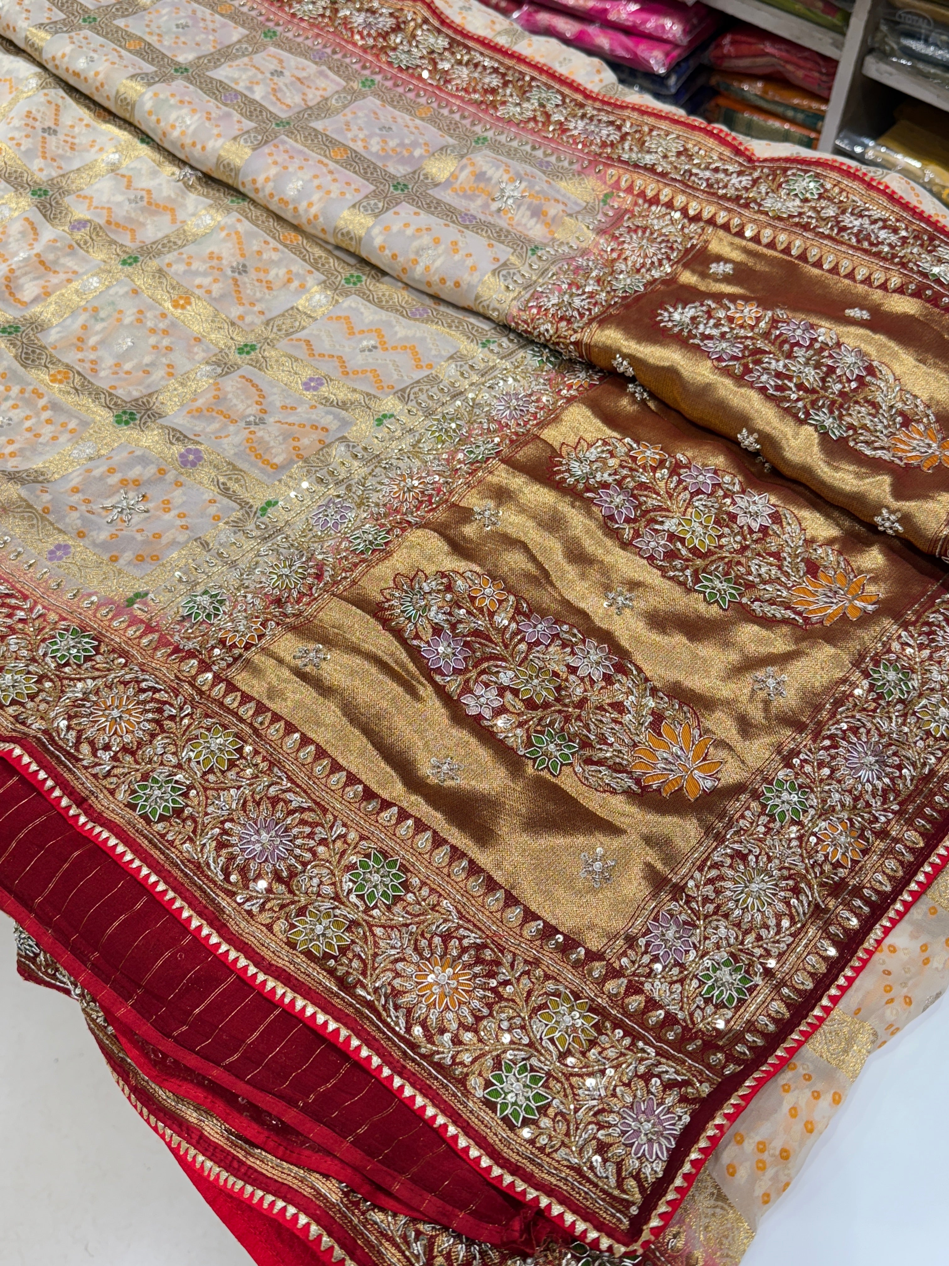 Beige Red Gharchola Zardosi Embroidery Saree 2.0