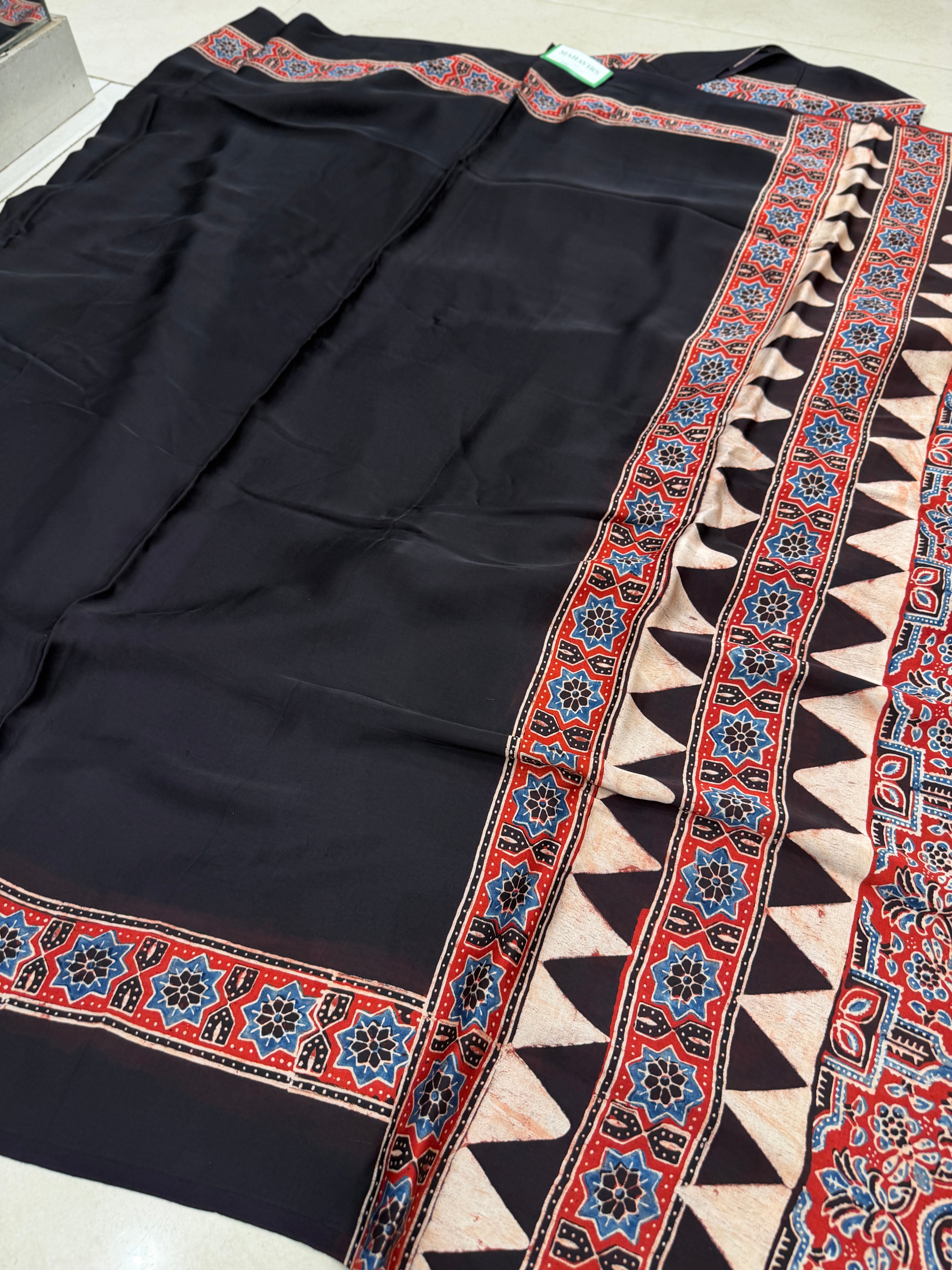 Black Plain Red Blue Pallu Ajrakh Hand Block Print Pure Modal Silk Saree