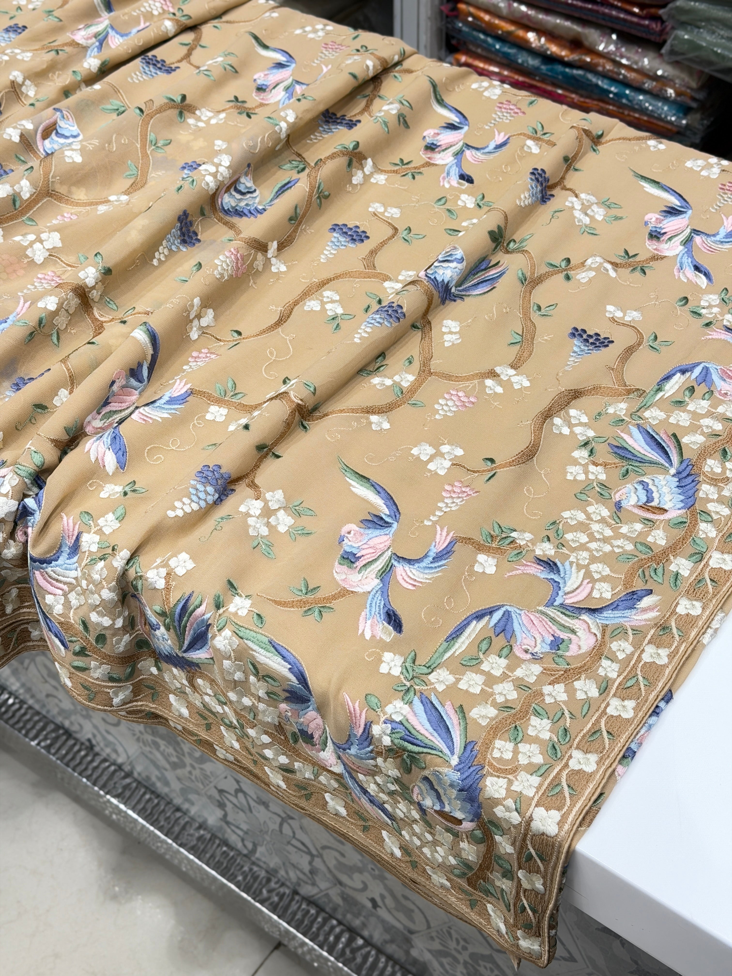 Beige Georgette Chakla Chakli Embroidery Parsi Gara Saree