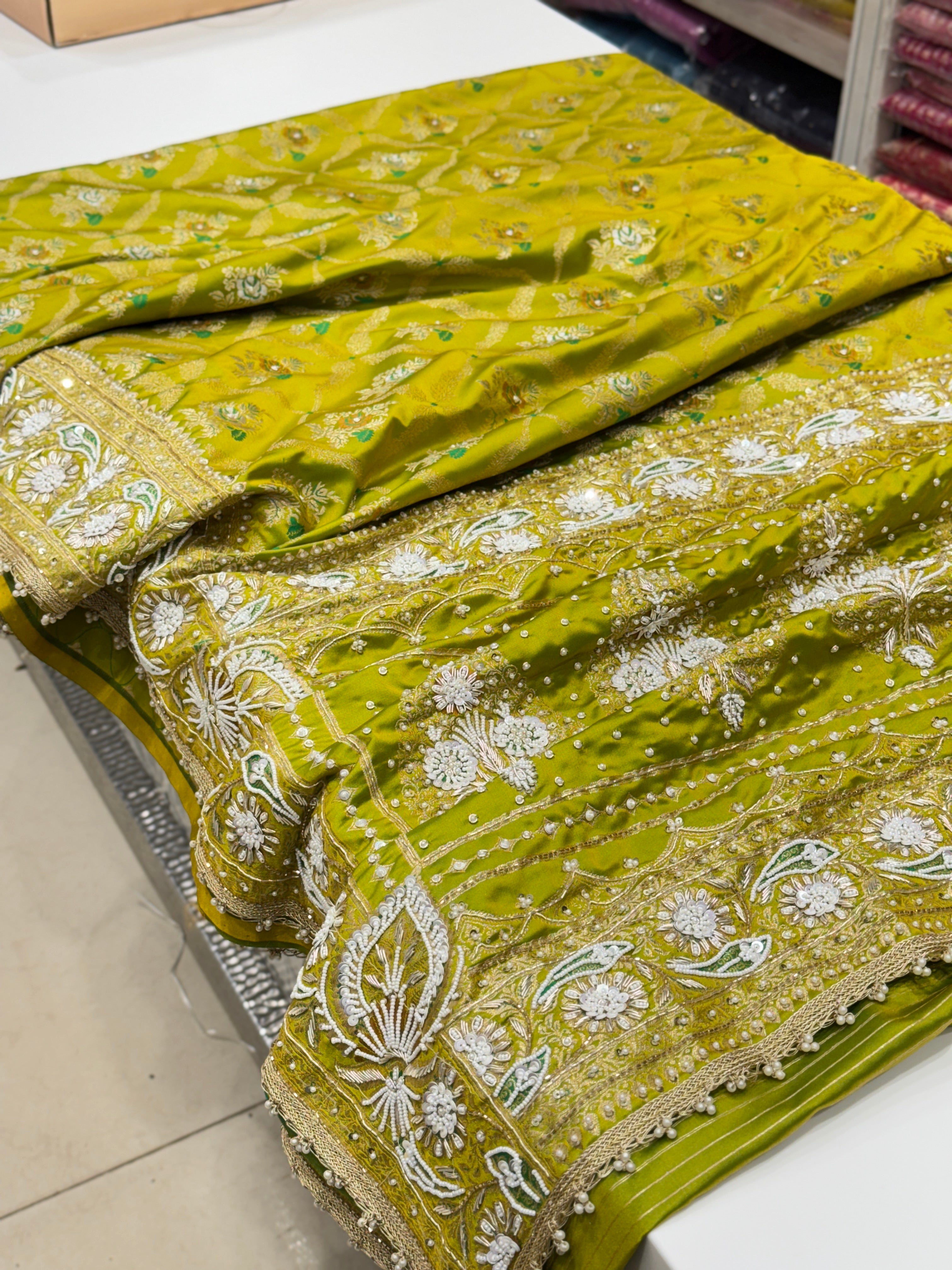 Green Banarasi With Moti Hand Embroidery Saree