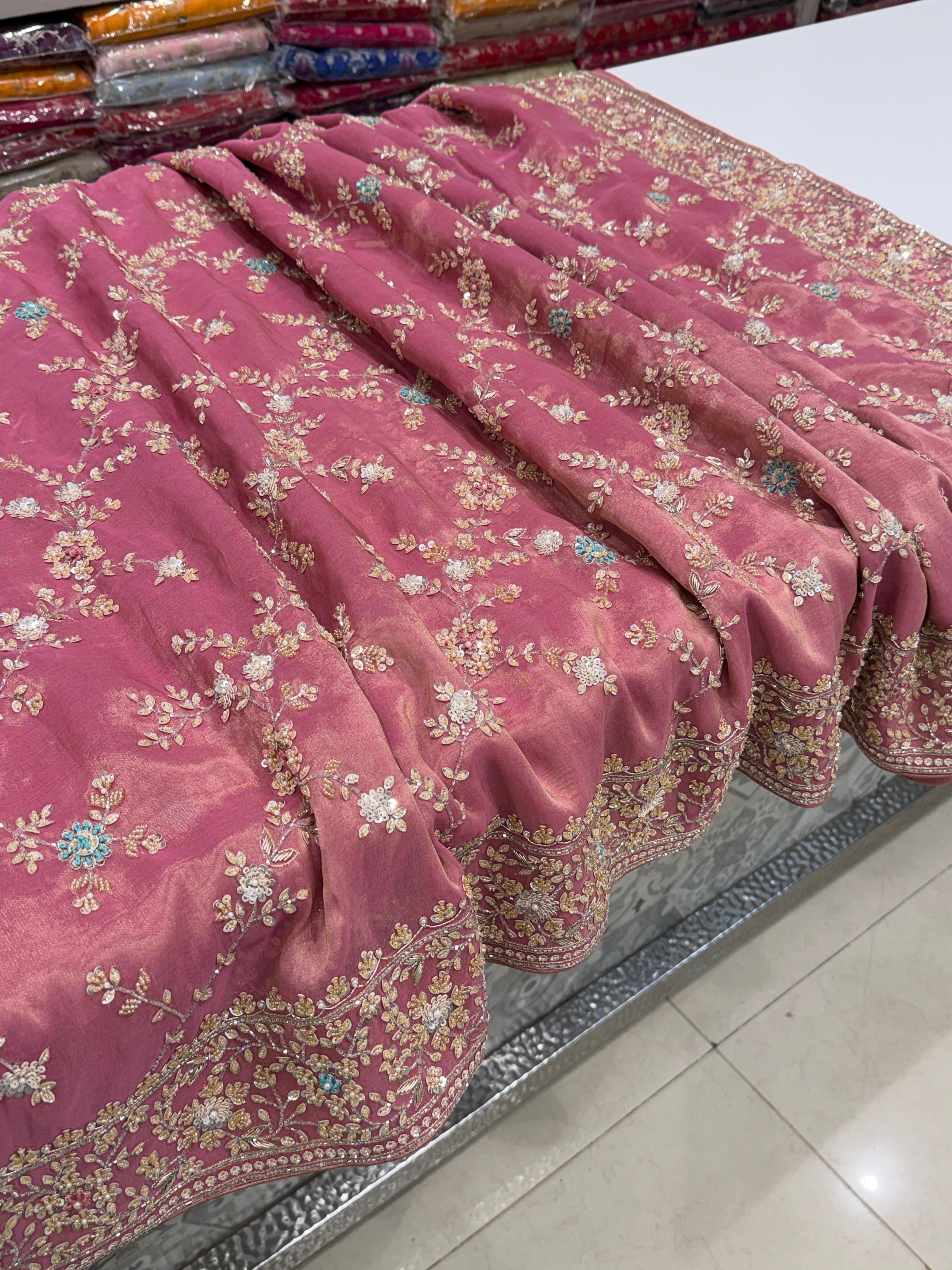 Pink Tissue Silk Moti Sequin Zardosi Hand Embroidery Jaal Saree