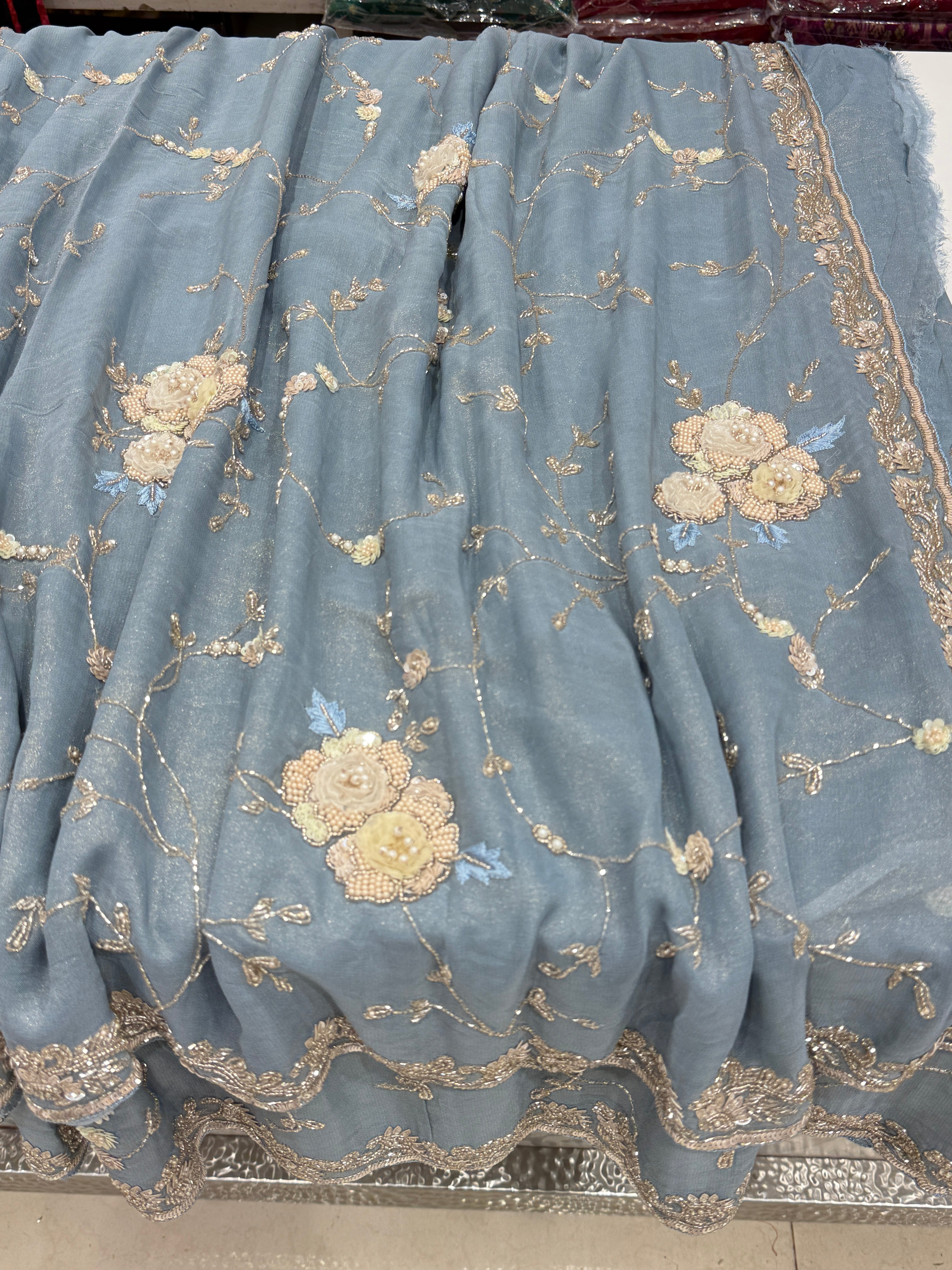 Powder Blue Tissue Chiffon Hand Embroidery Saree