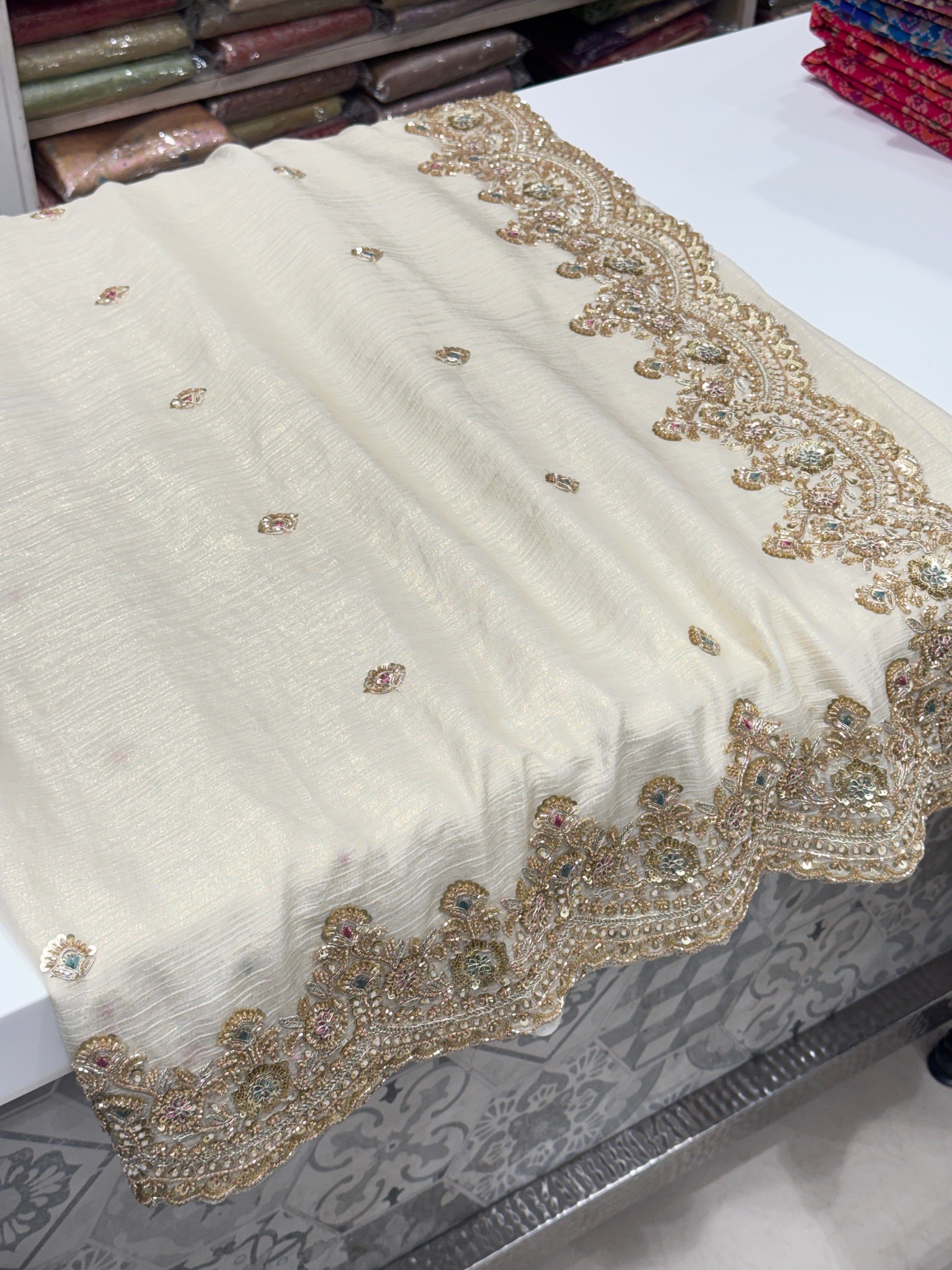 Golden Crushed Soft Tissue Zari Cutdana Embroidered Saree