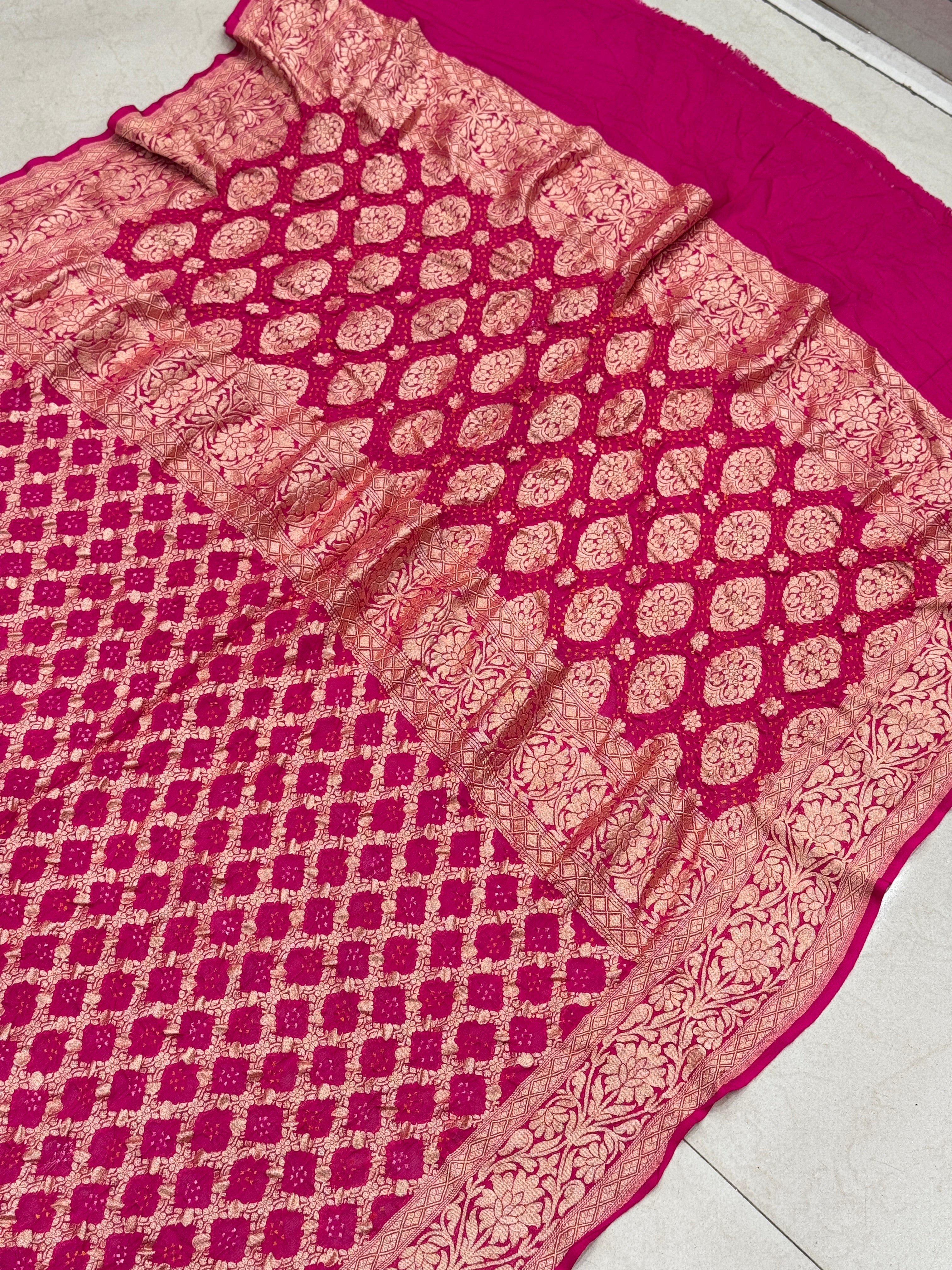 Rani Big Flower Border Bandhej Bandhini Saree
