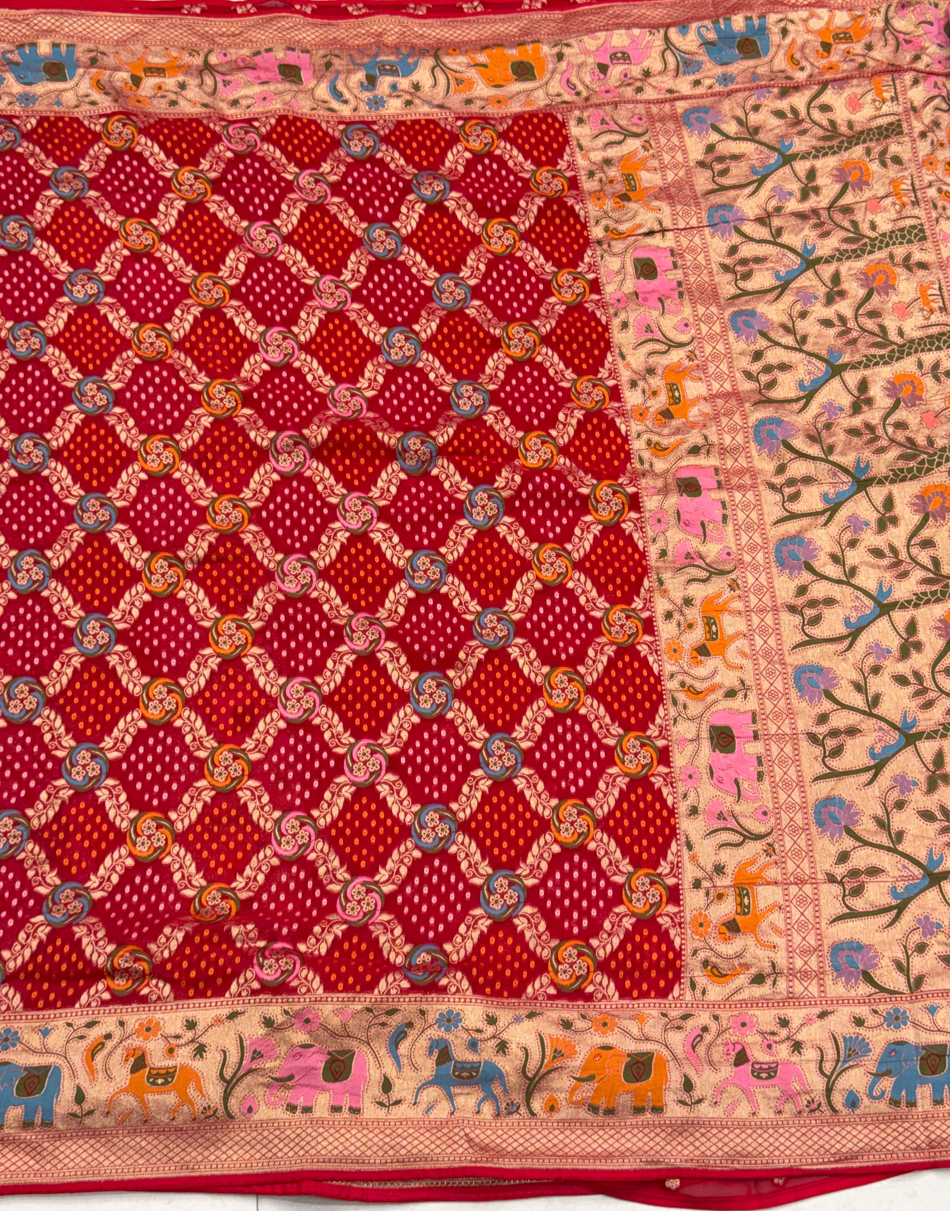 Red Meenkari Asvah Hastin Border Woven Bandhej Saree