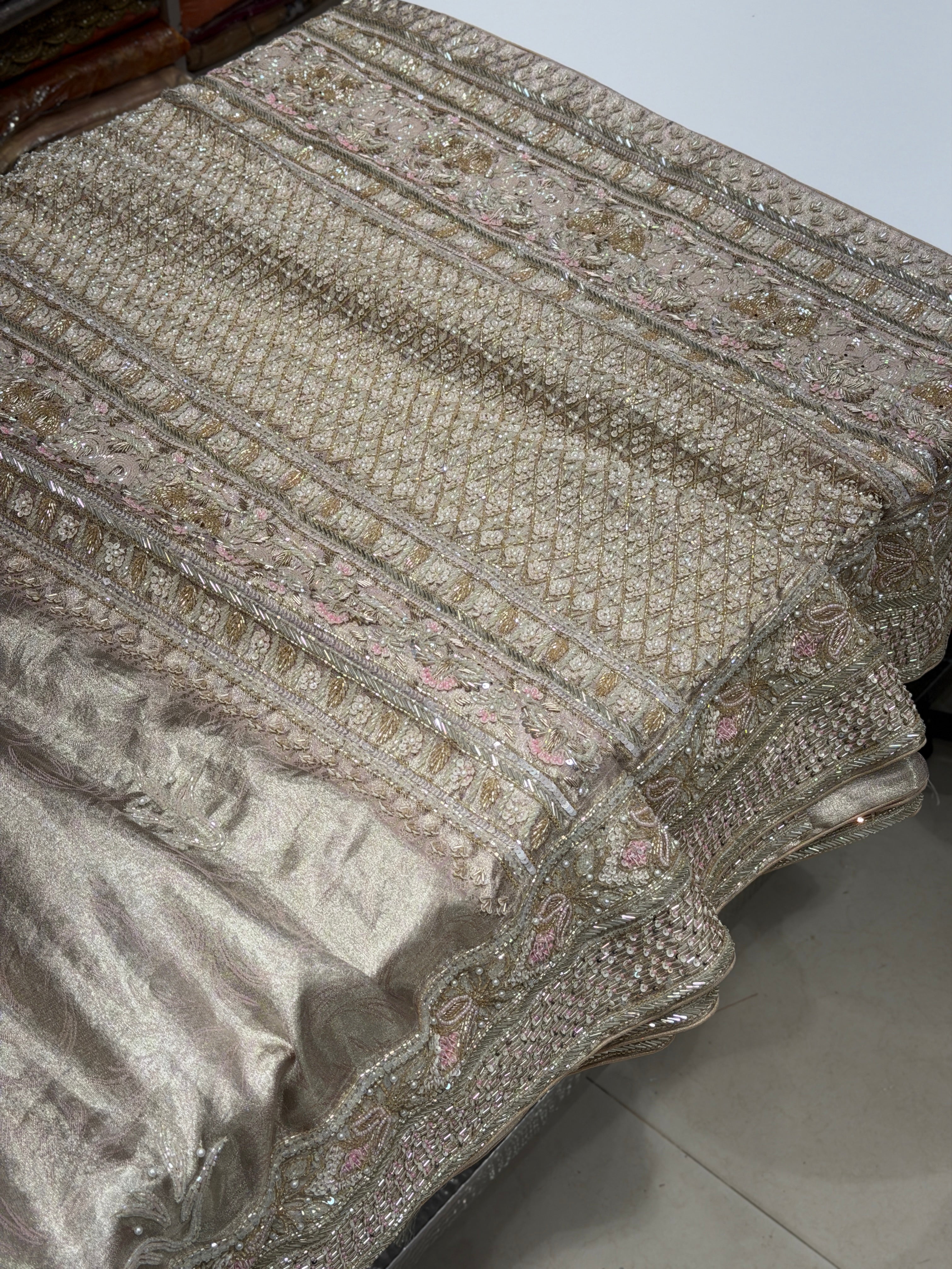 Pink Silver Kanjivaram Three Zari Hand Embroidery Zardosi Moti Sequin Saree