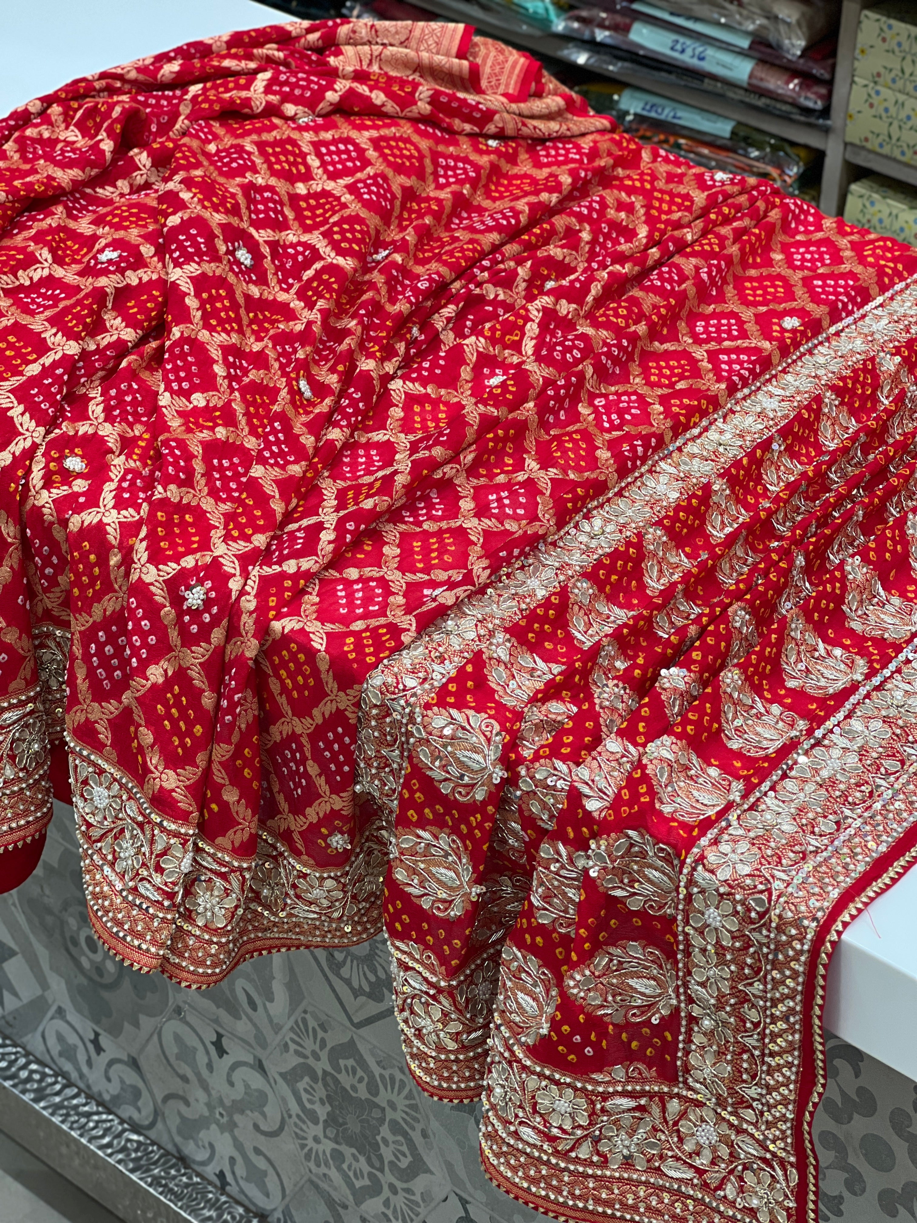 Red Criss Cross Bandhej Hand Embroidery Saree