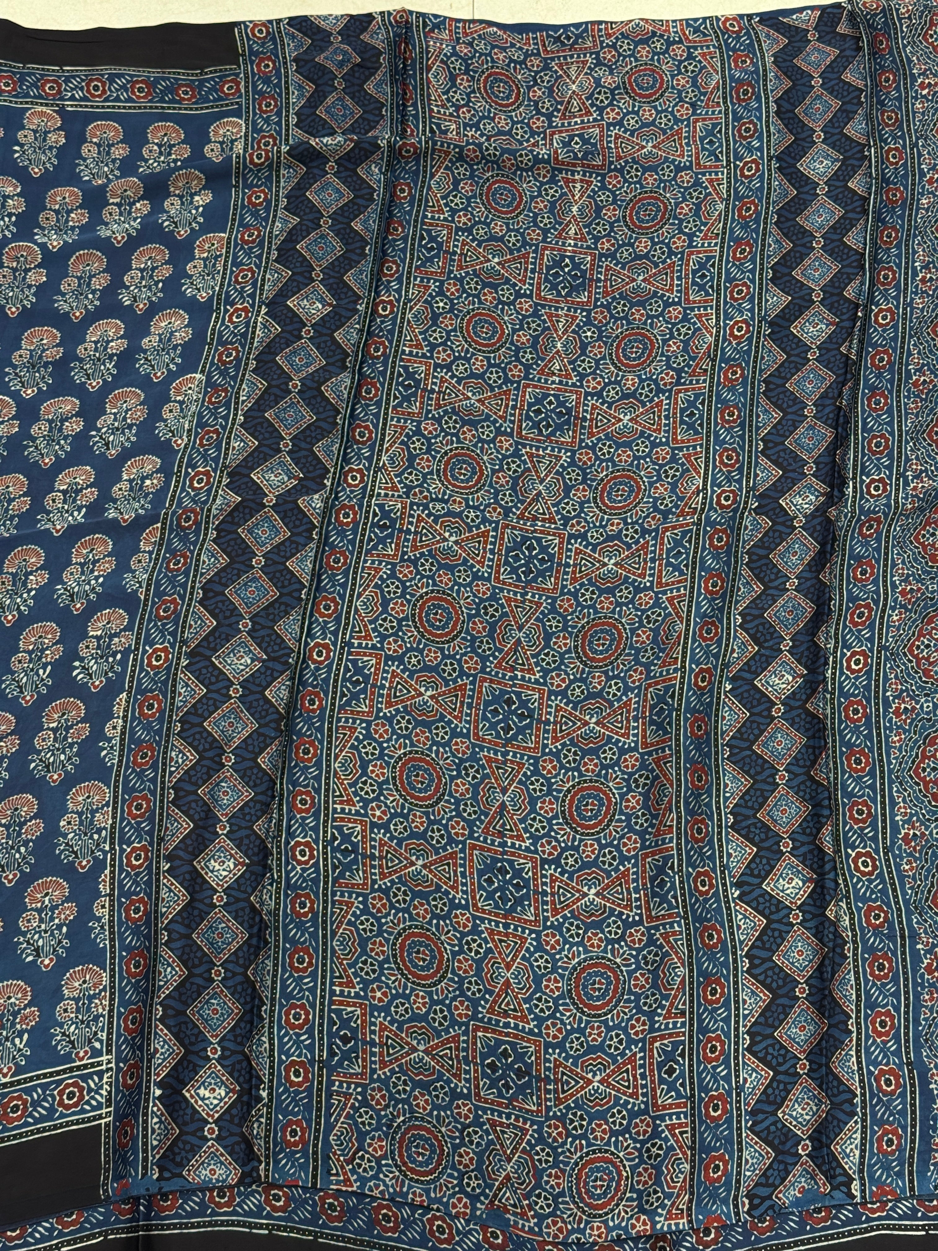Blue Floral Buttas Floral Pallu Hand Block Print Ajrkah Pure Gajji Silk Saree