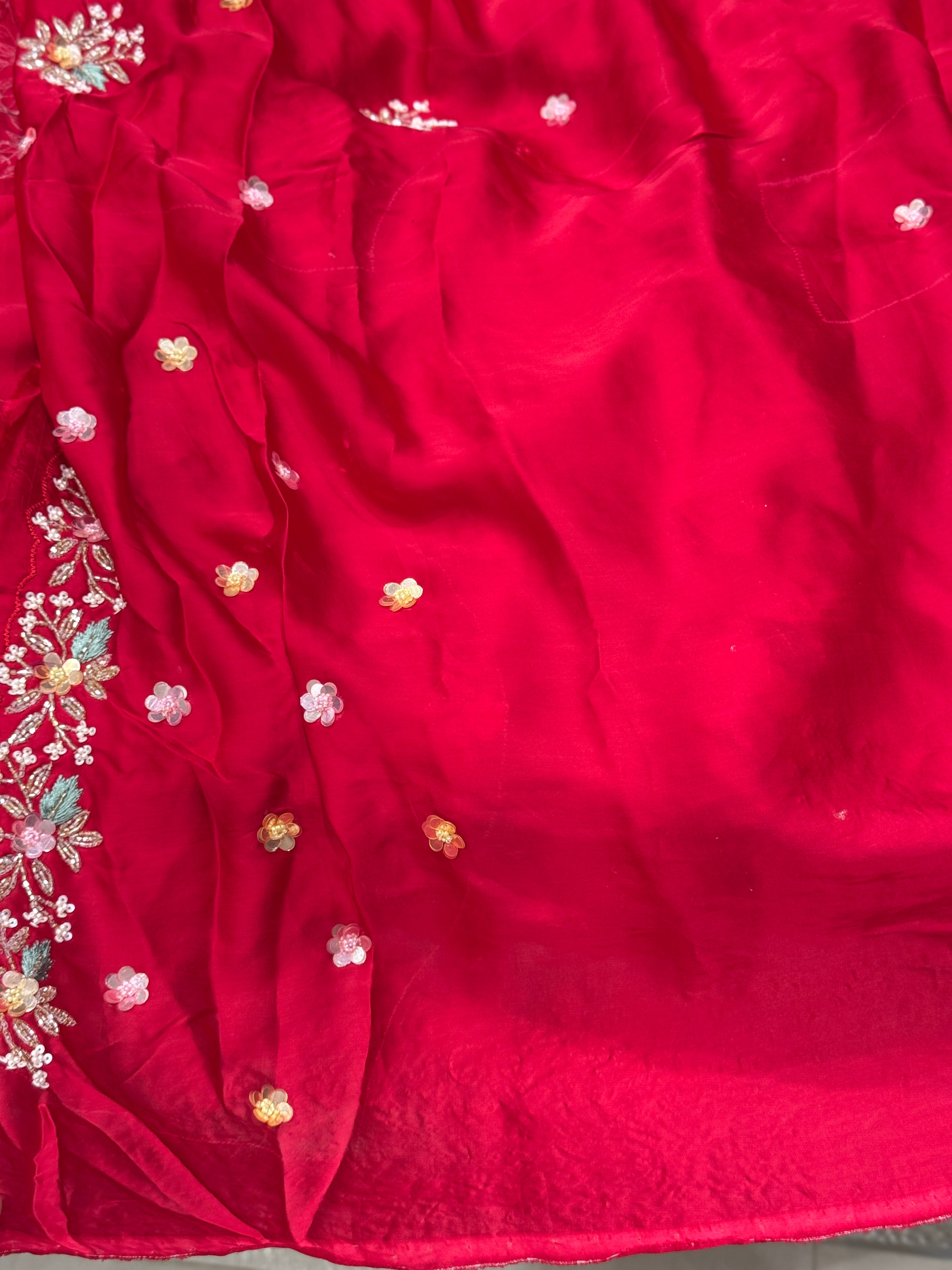 Red Satin Multi Colour Sequin Hand Embroidery Saree