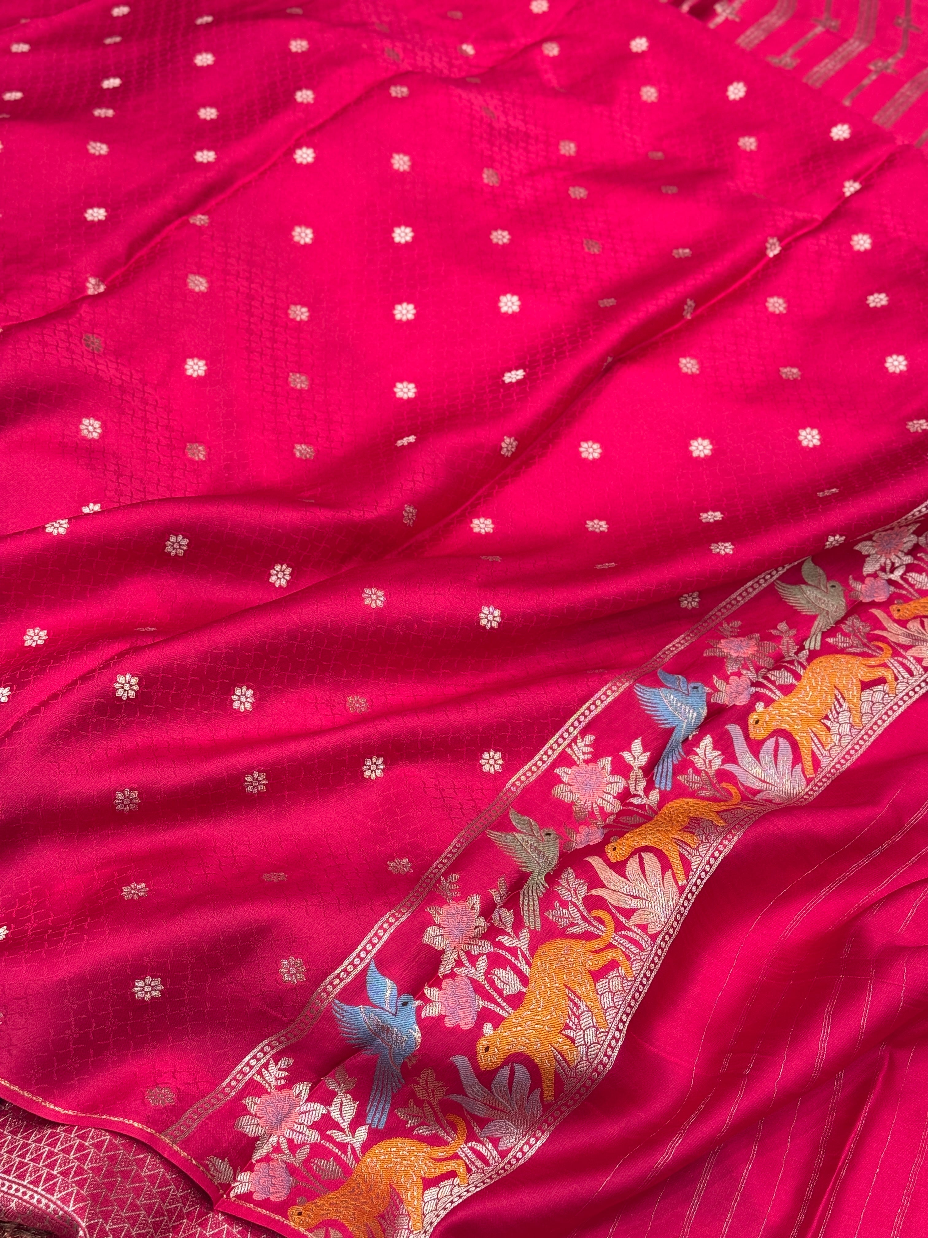 Rani Satin Silk Fauna Border Saree